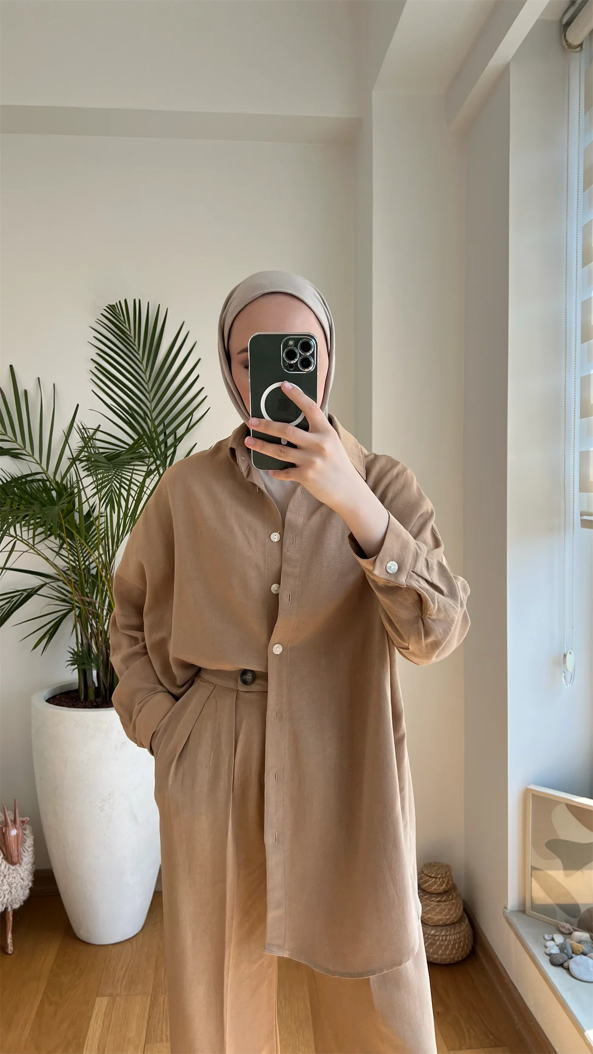 Linen Keten Takım Camel