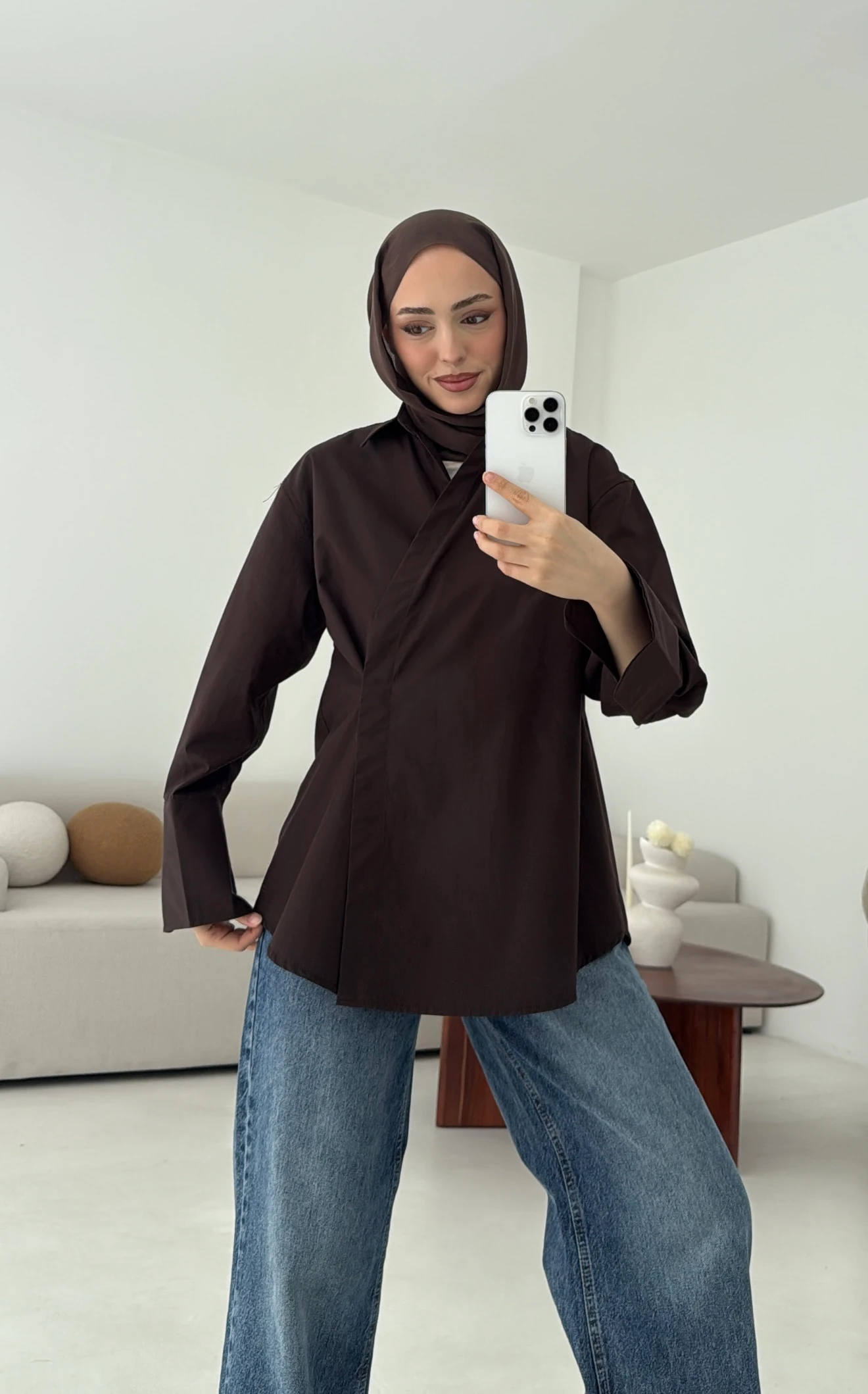 Yandan Düğmeli Gömlek Kahve