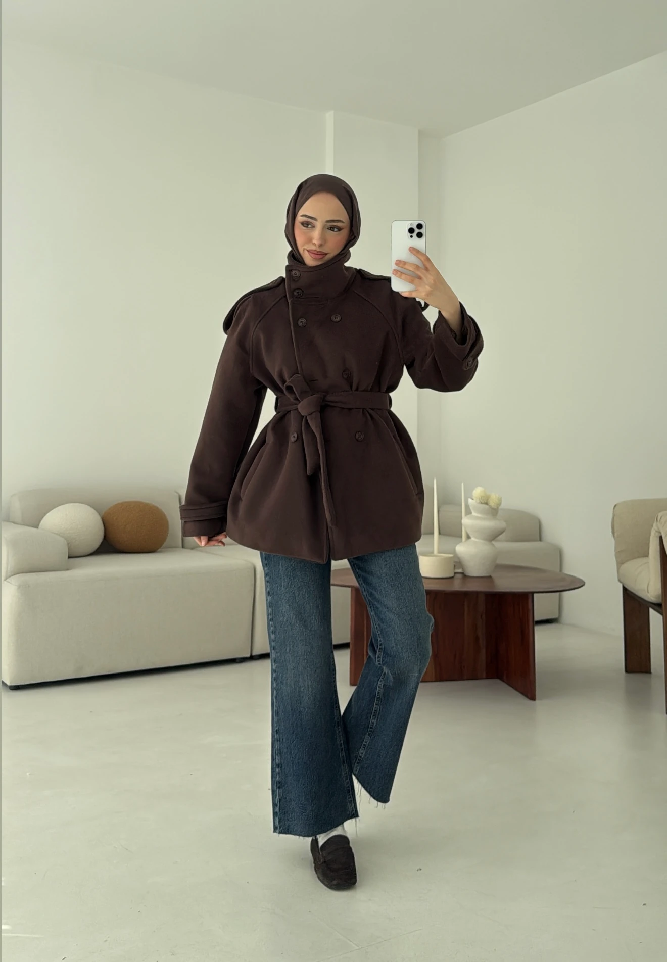 Kuşaklı Oversize Kaşe Kaban Kahve