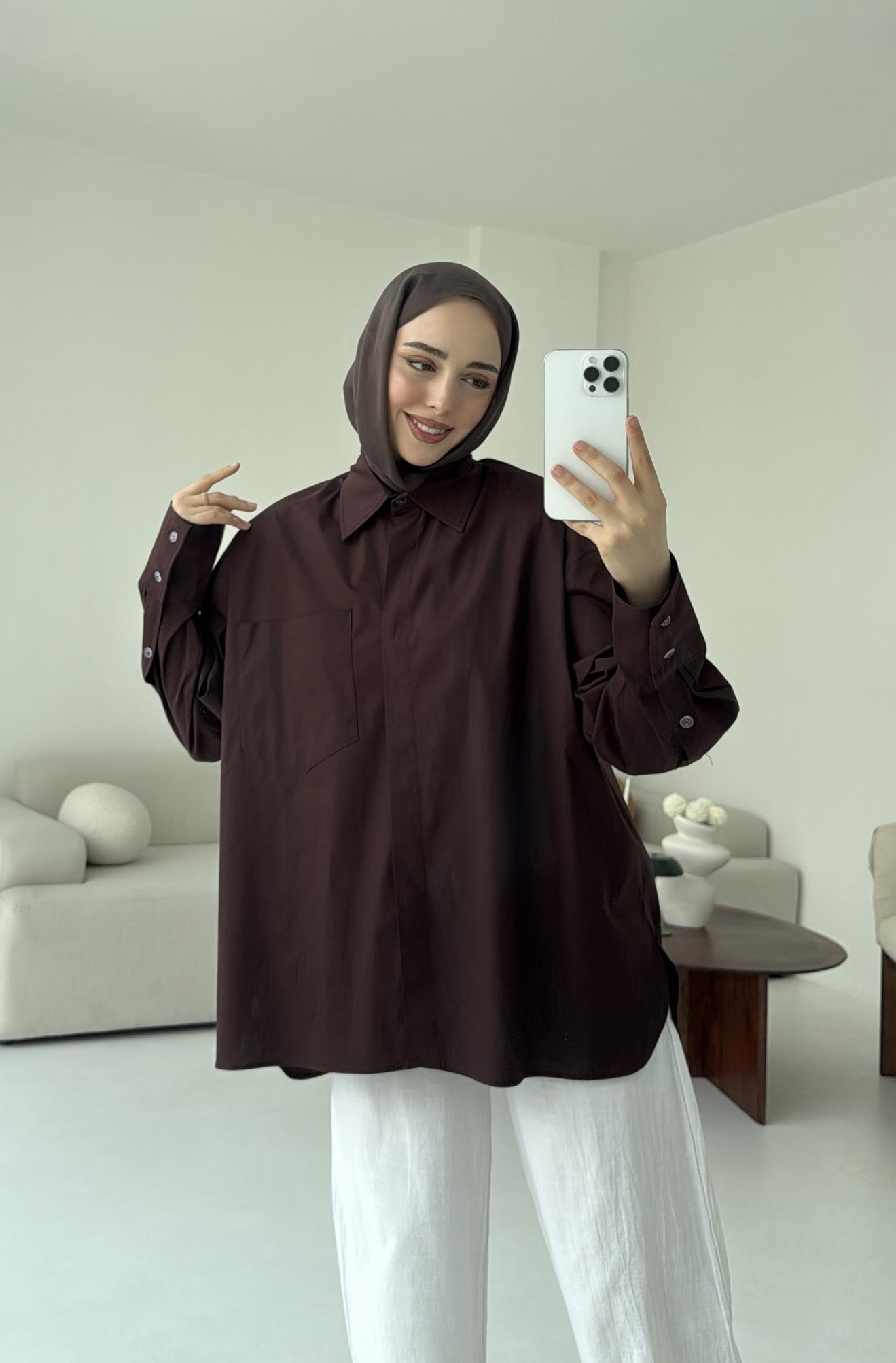 Tek Cepli Poplin Gömlek Acı Kahve