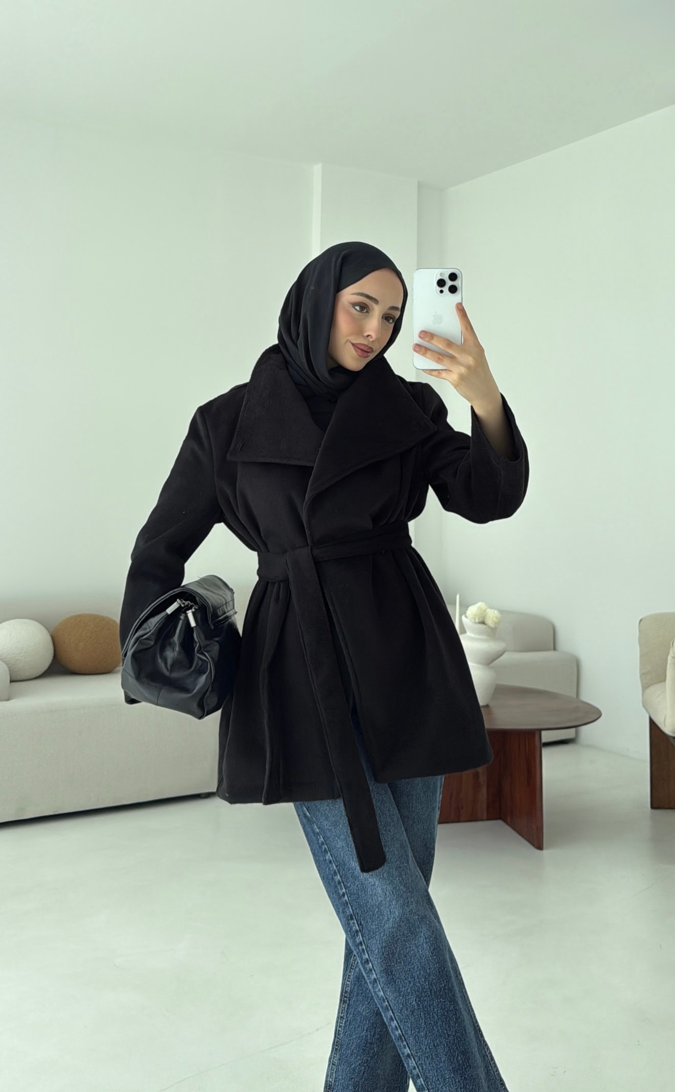 Dik Yaka Kaşe Kaban Siyah