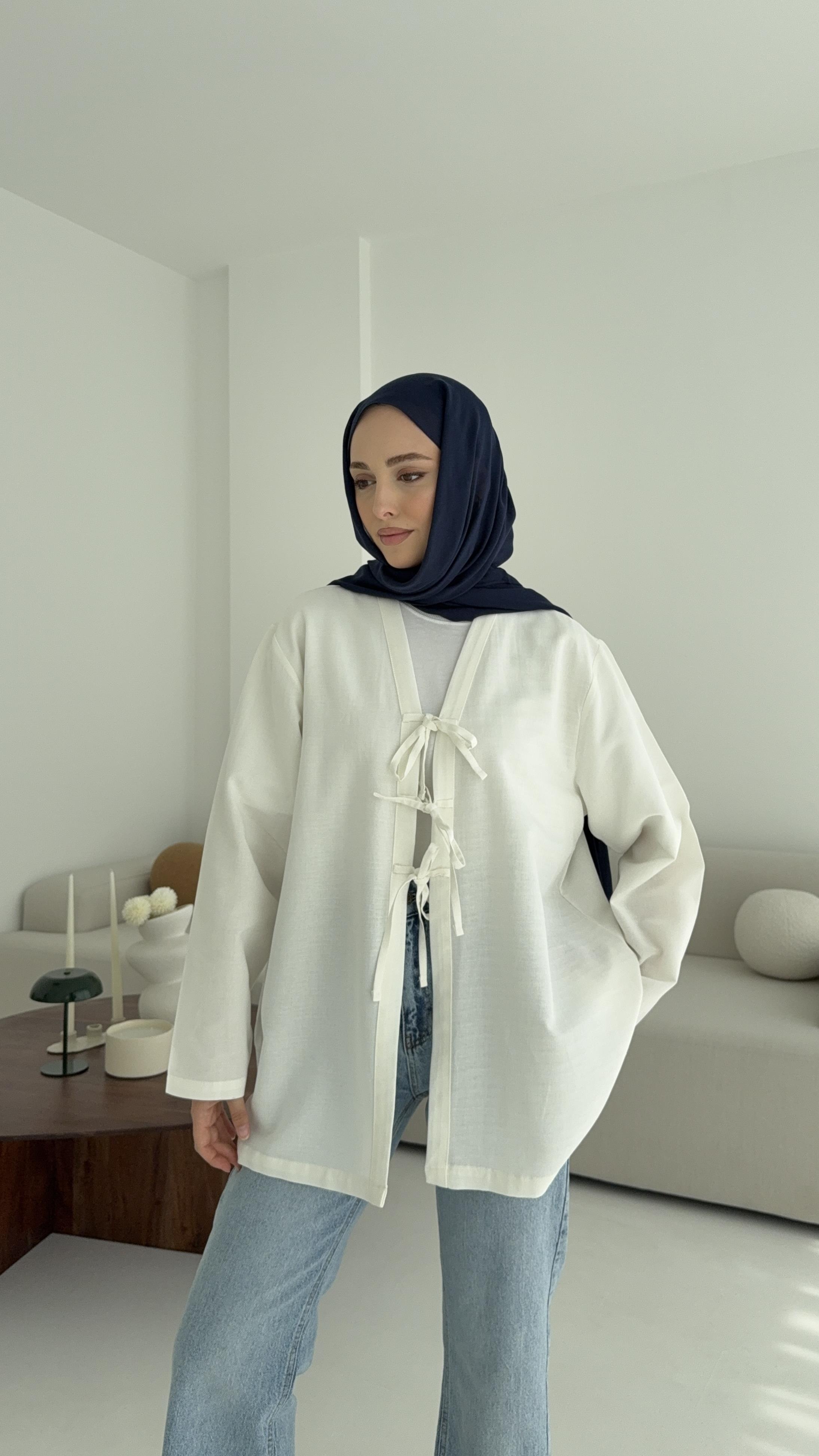Keten Üç Bağlamalı Kimono Beyaz