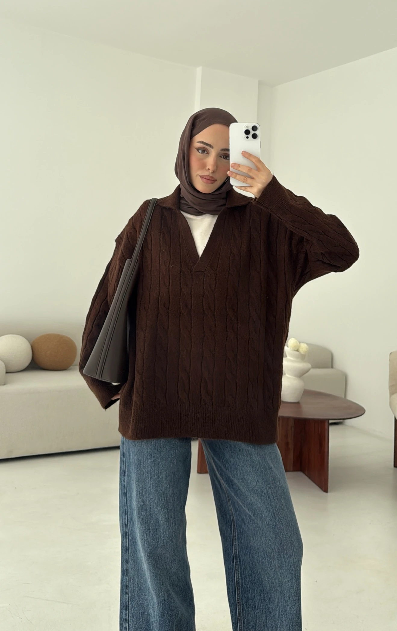 Polo Yaka Örgü Kazak Kahve