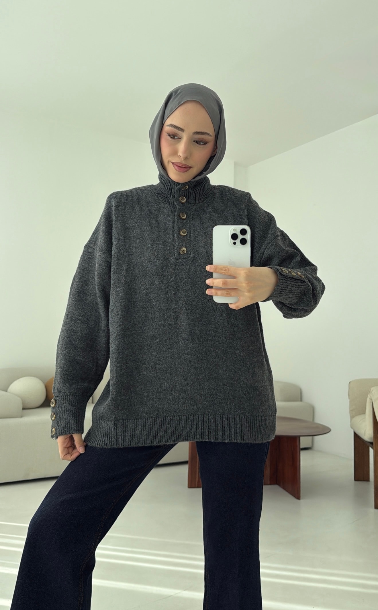 Kolları Düğme Detay Triko Kazak Antrasit