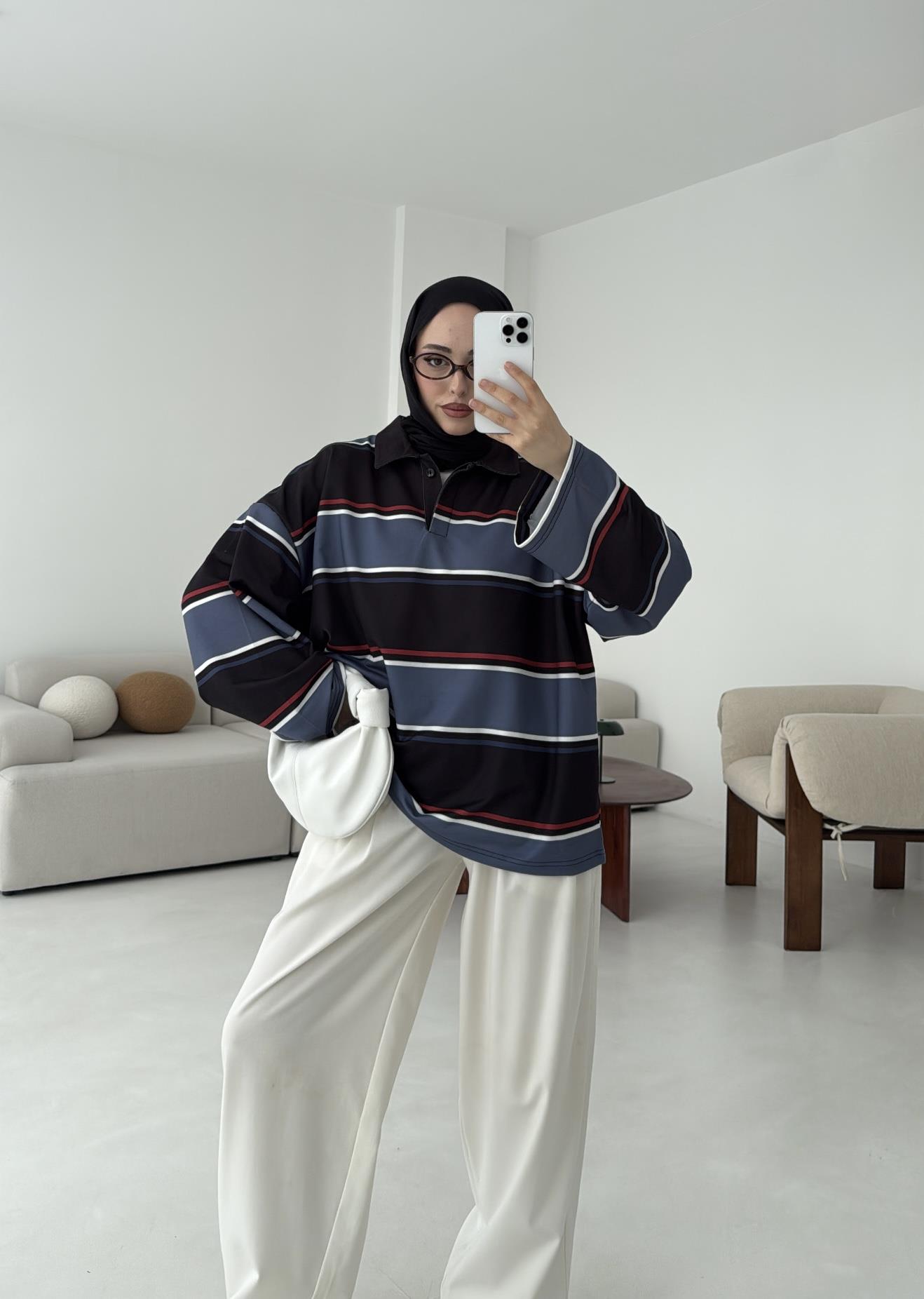Lacivert Çizgili Polo Yaka Sweatshrt