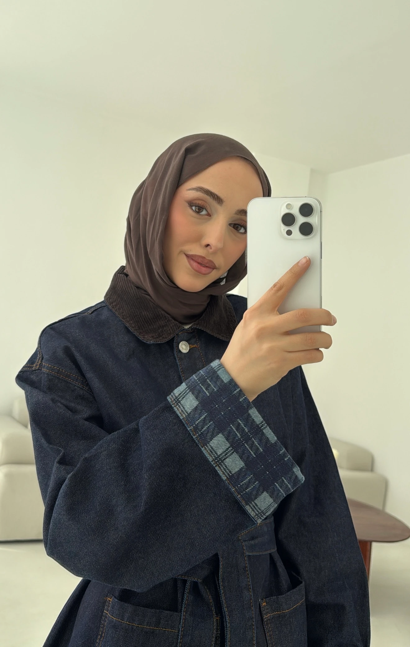 Astarı Ekose Detay Denim Ceket Mavi