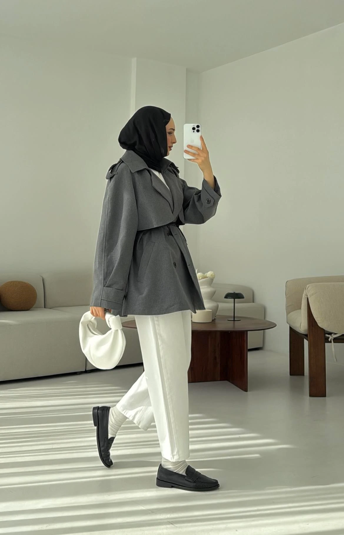 Deri Kemerli Trençkot Gri