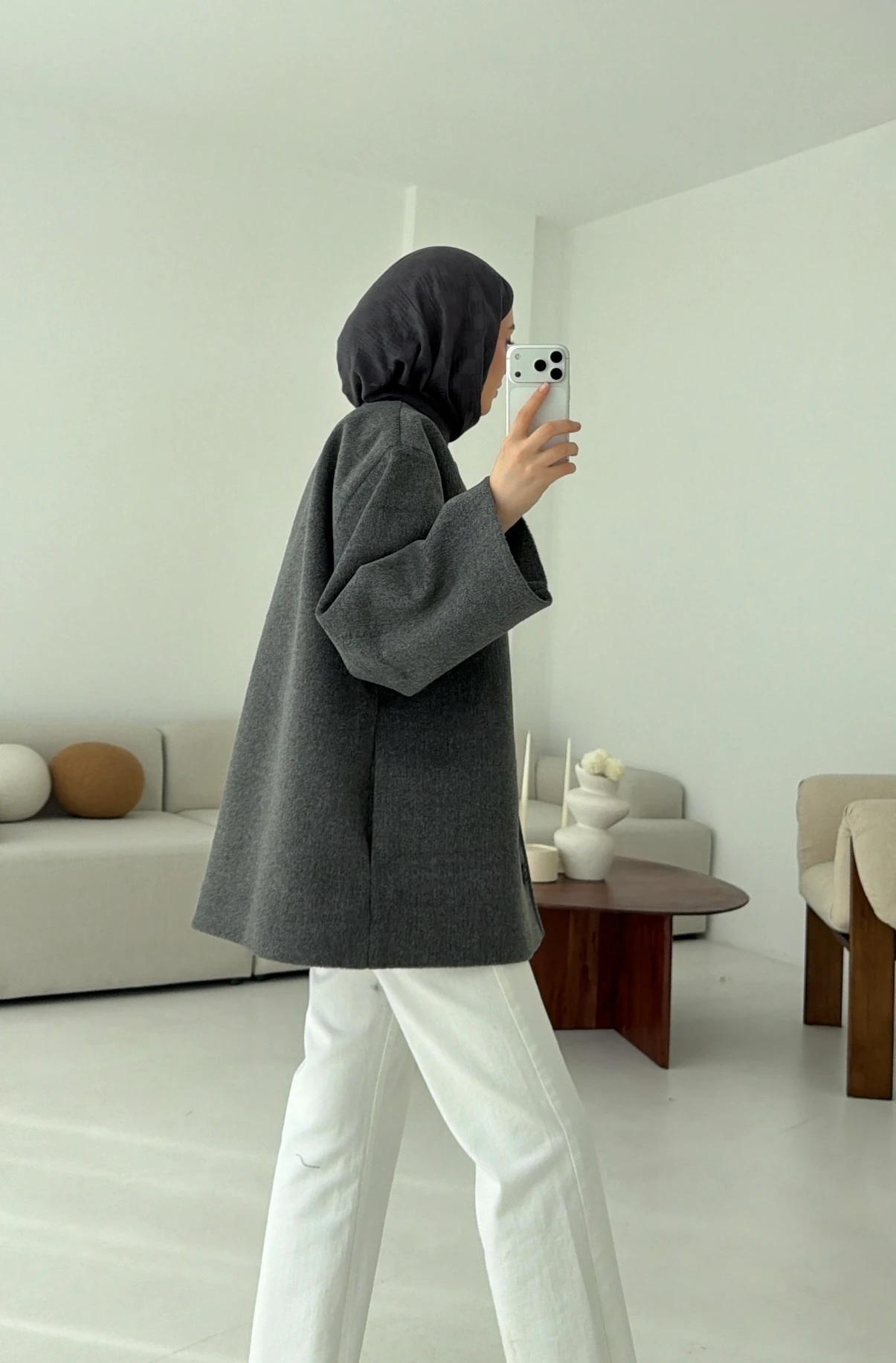 Atkılı Kaşe Kaban Gri