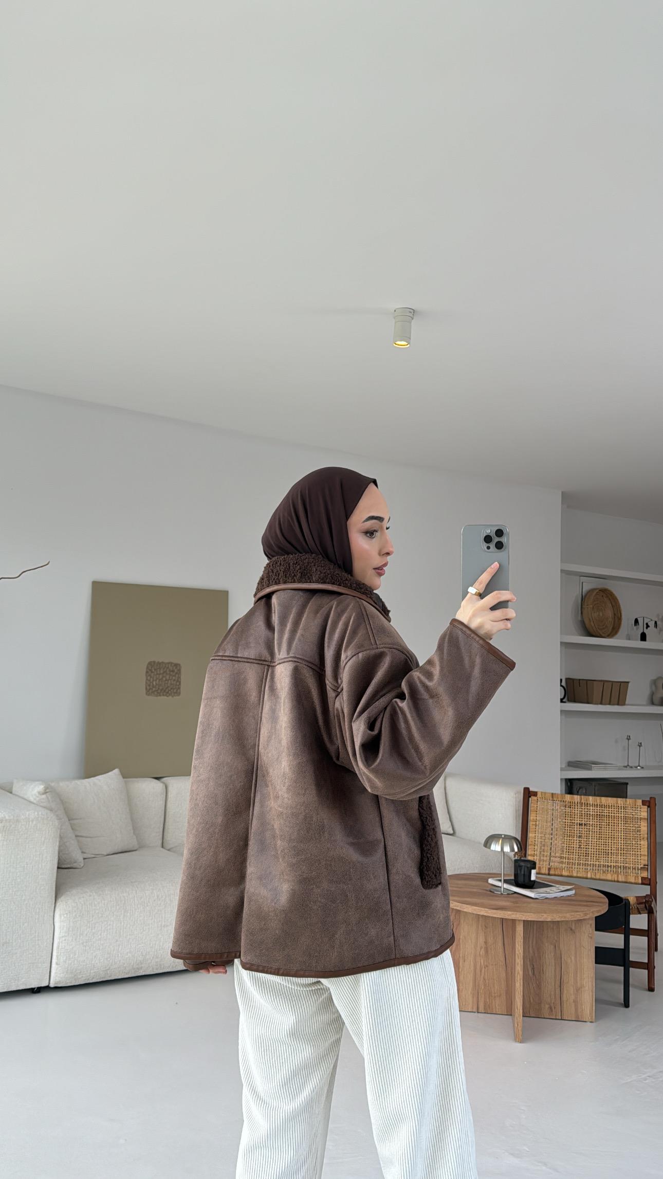 Oversize İçi Kürklü Kaban Kahve