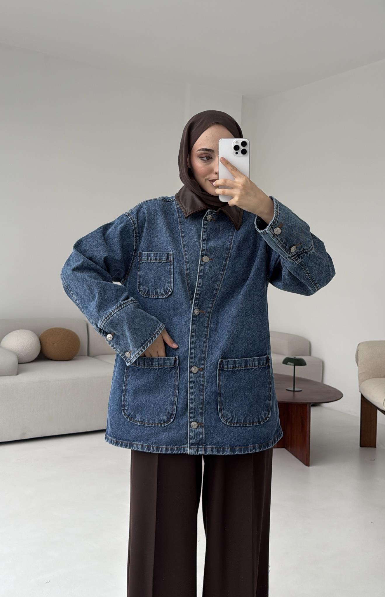 Yakası Deri Denim Ceket