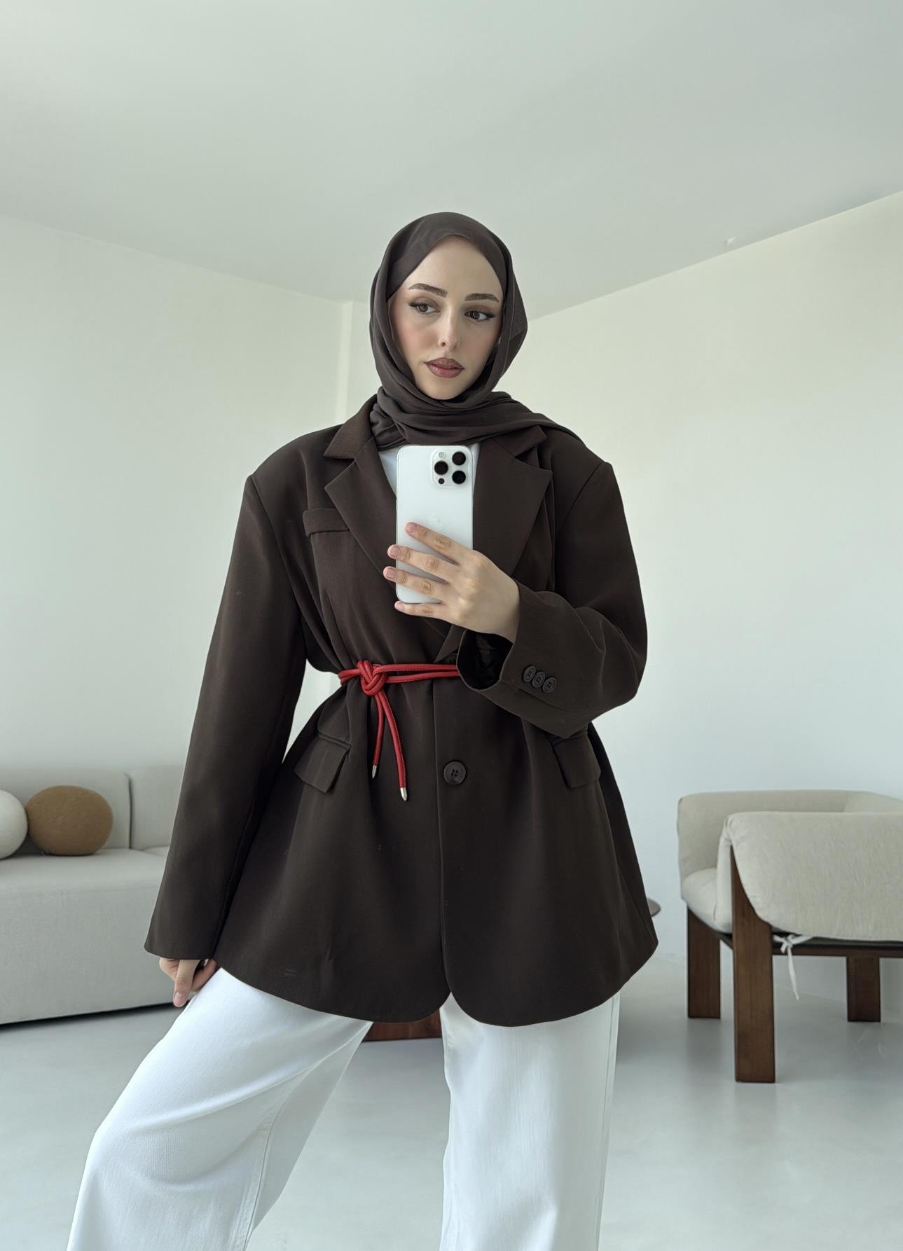 Çift Dügmeli Oversize Blazer Ceket Kahve