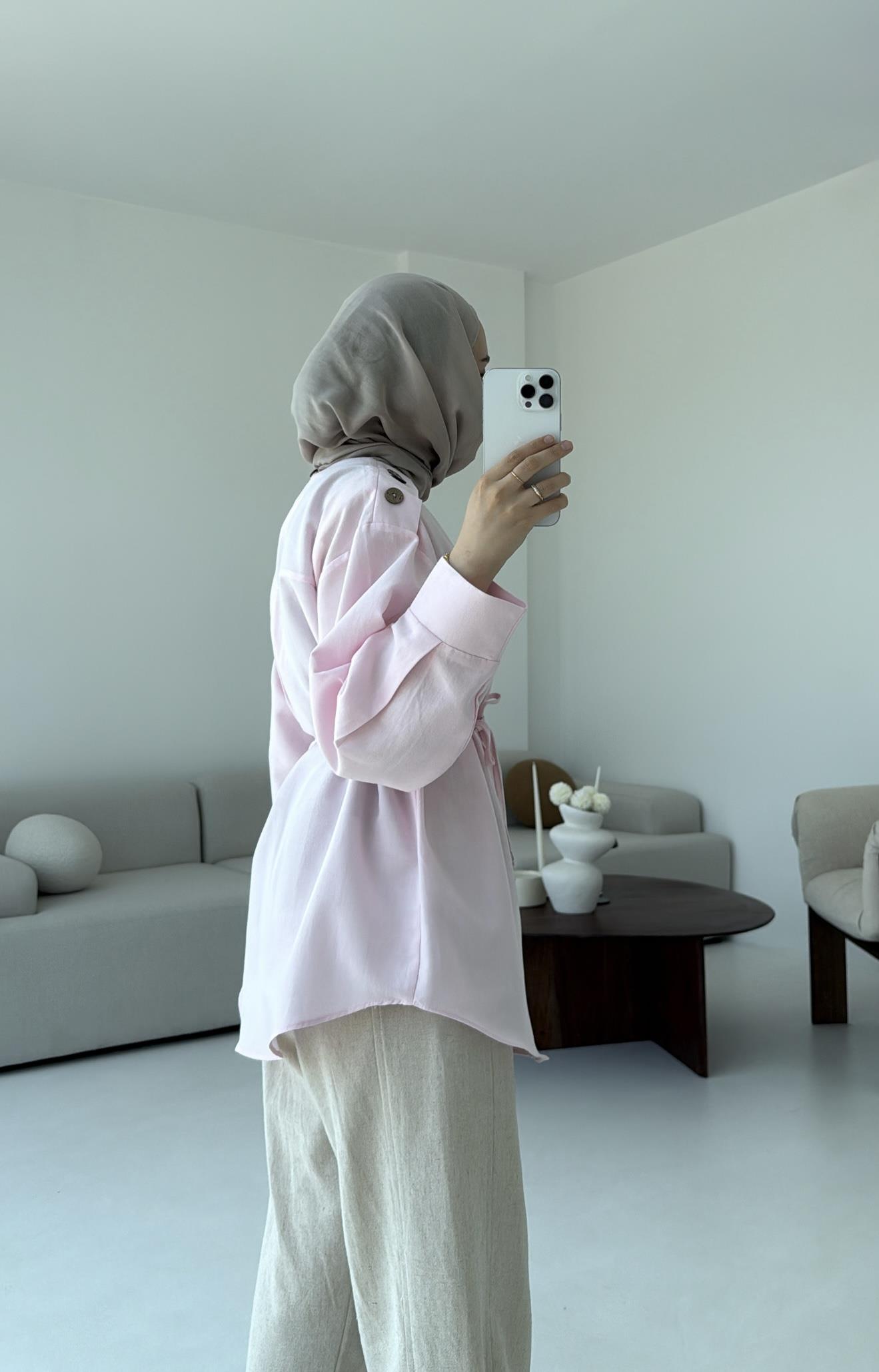 Bağlamalı Keten Bluz Pembe