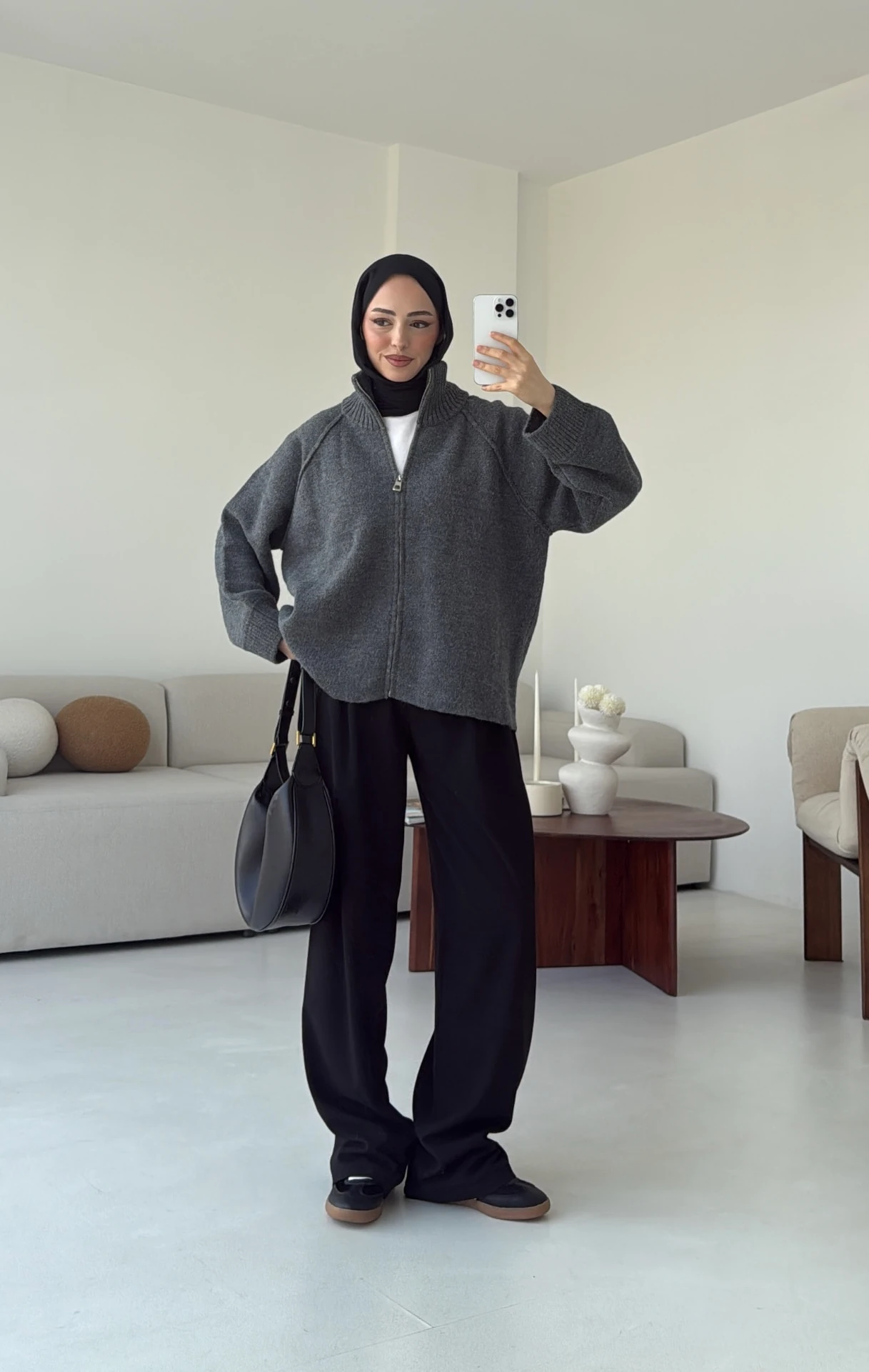 Fermuarlı Şardonlu Hırka Antrasit