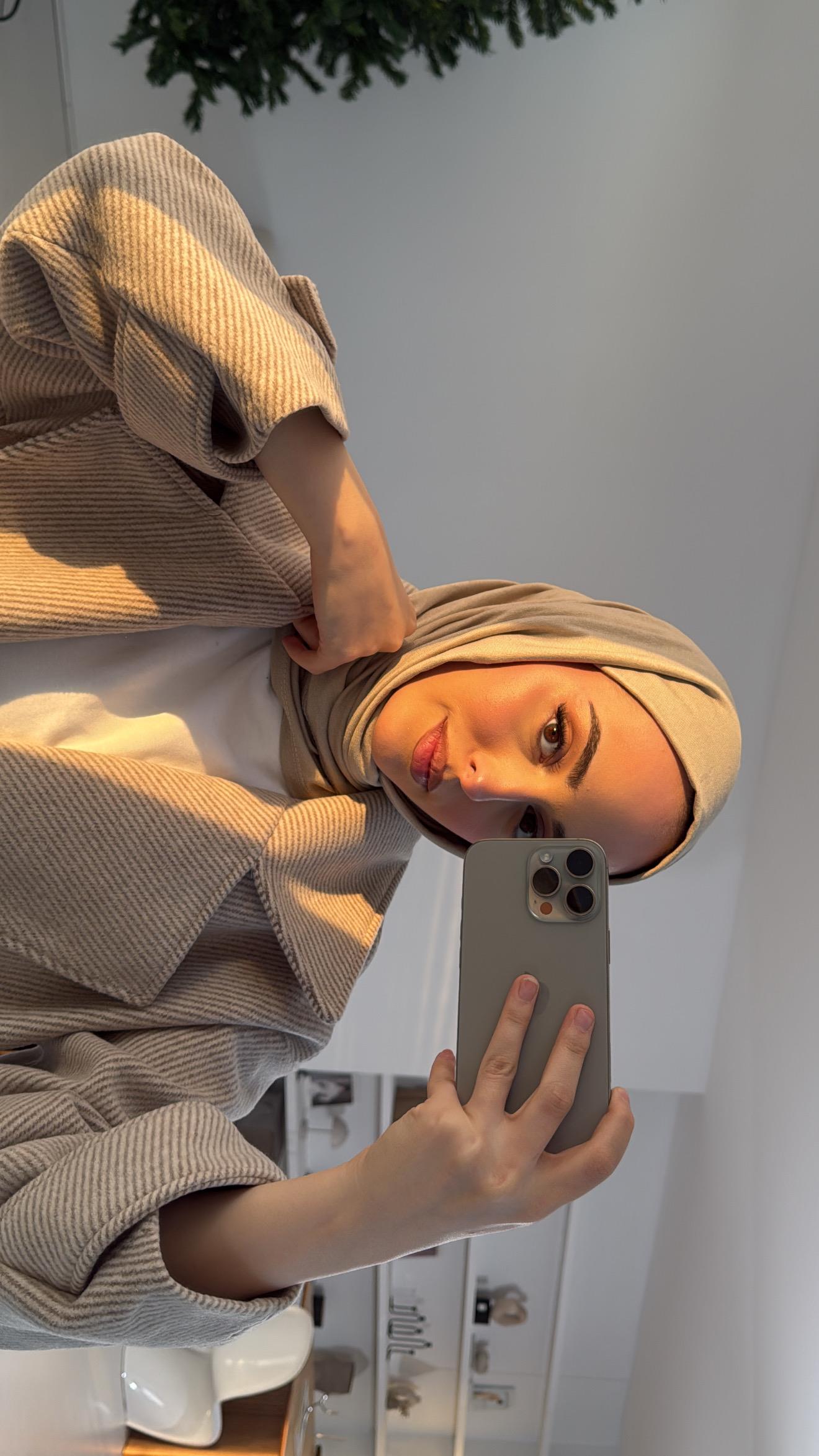 Kendinden Çizgili Oversize Kaşe Kaban Bej