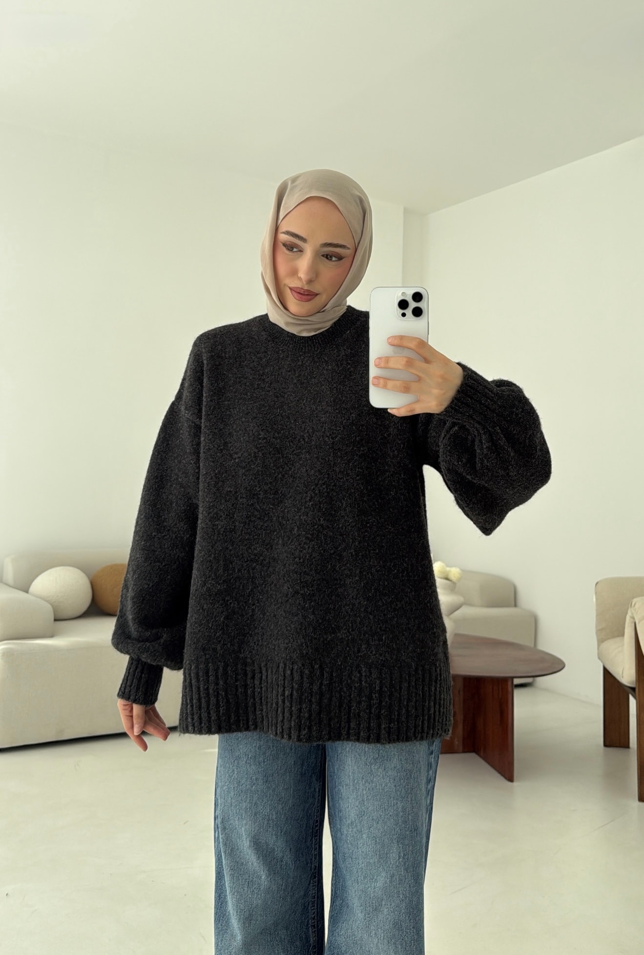 Balon Kol Yumuşak Kazak Koyu Gri