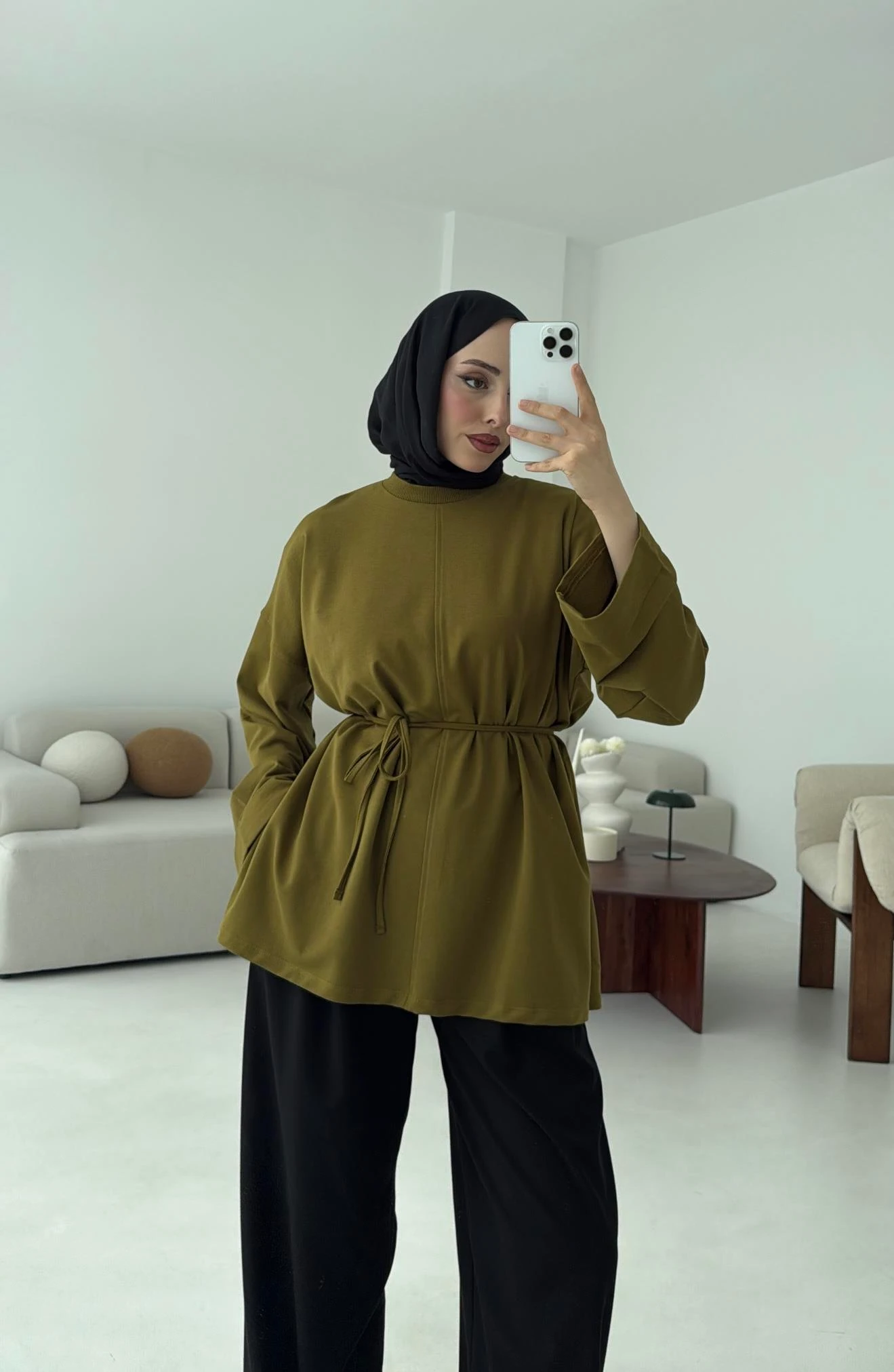 Bağlamalı Yanı Yırtmaç Detay Sweat Olive