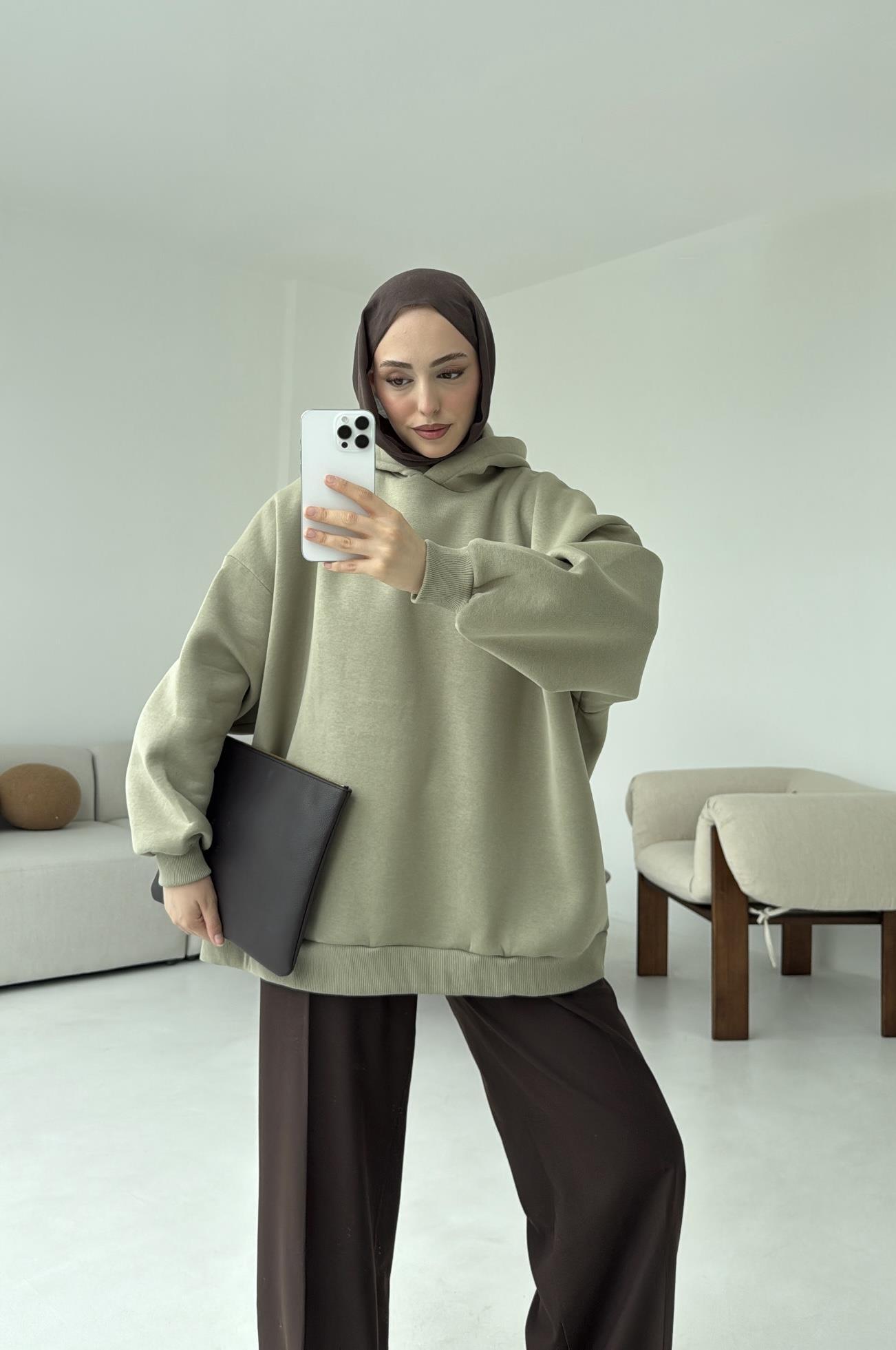 Kapüşonlu Oversize Şardonlu Sweatshirt Cagla