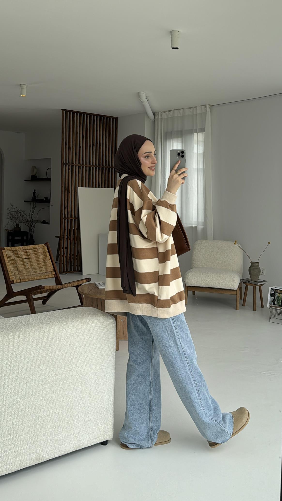 Çizgili Oversize Sweatshirt Kahve