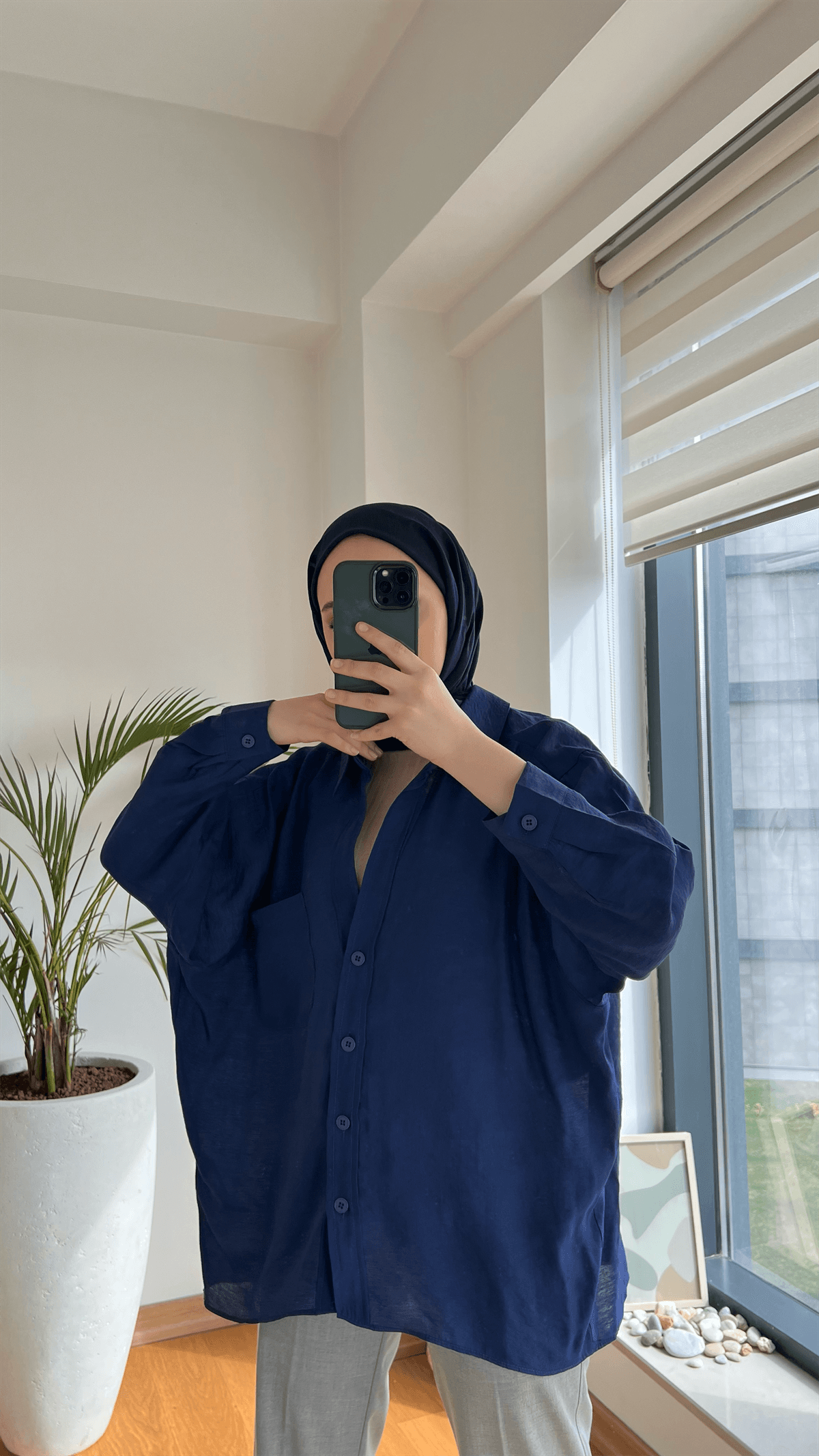 Oversize Pamuk Saten Gömlek Lacivert