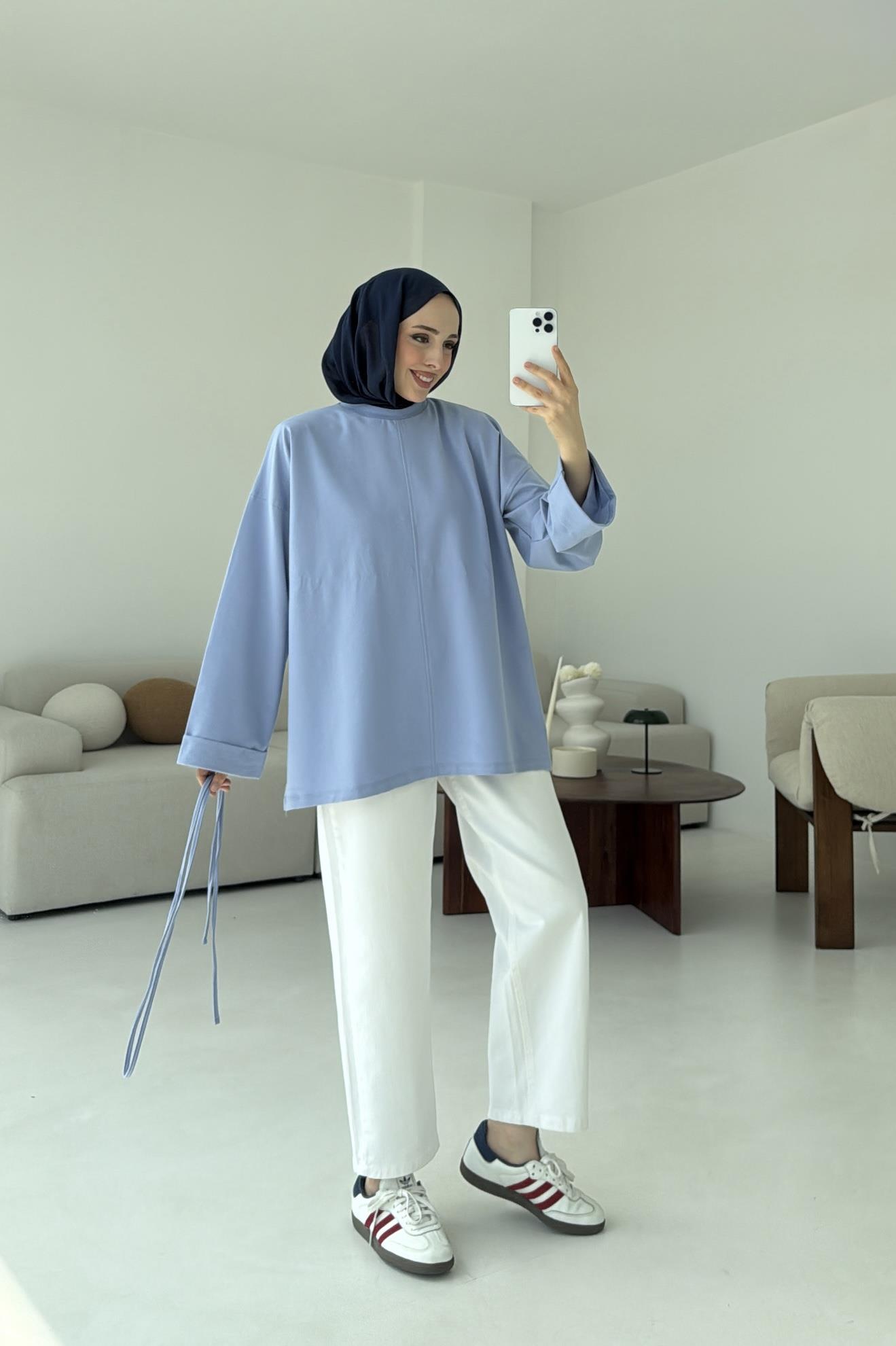 Bağlamalı Yanı Yırtmaç Detay Sweat Mavi