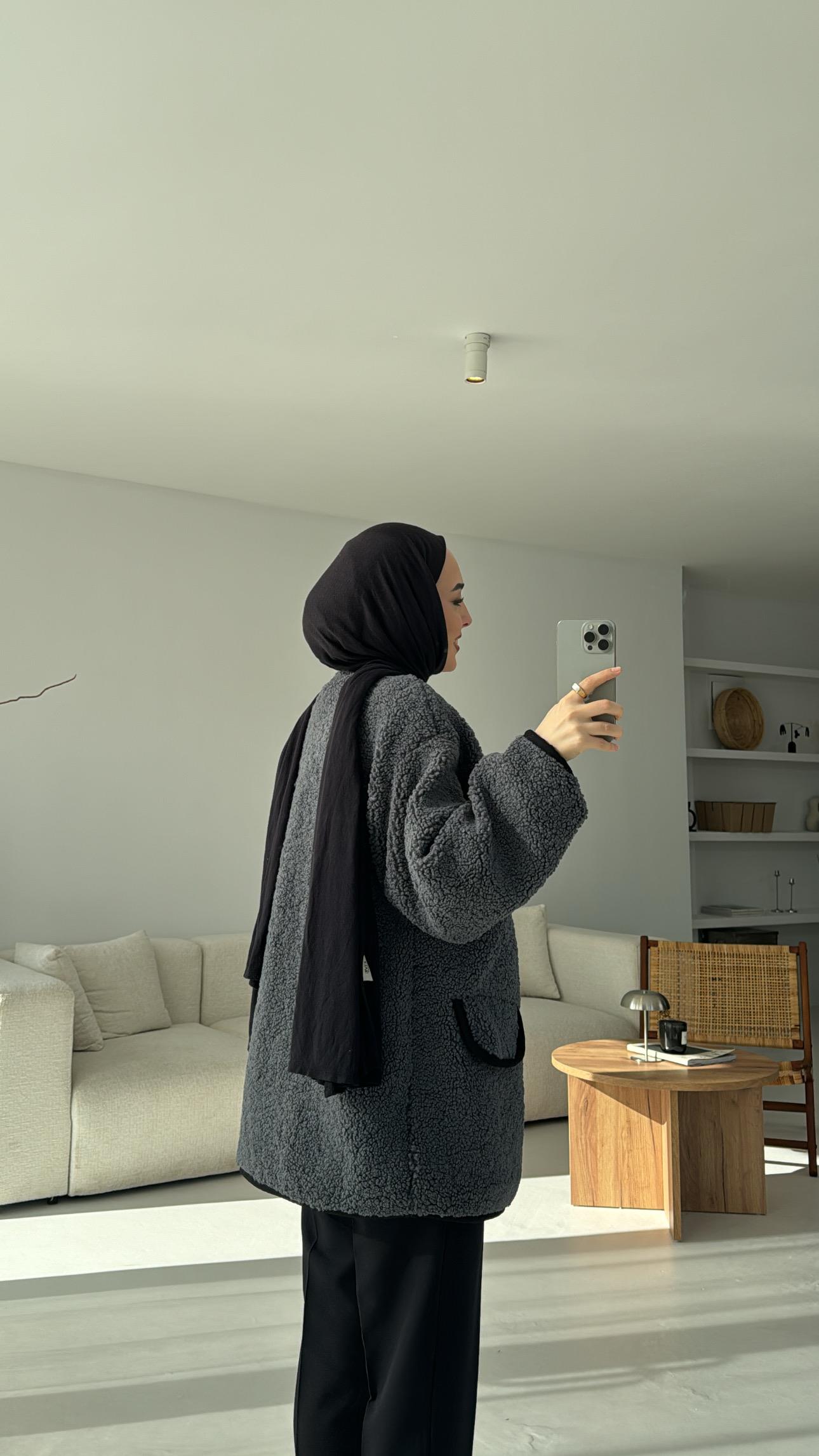 Düğmeli Oversize Teddy Ceket Antrasit