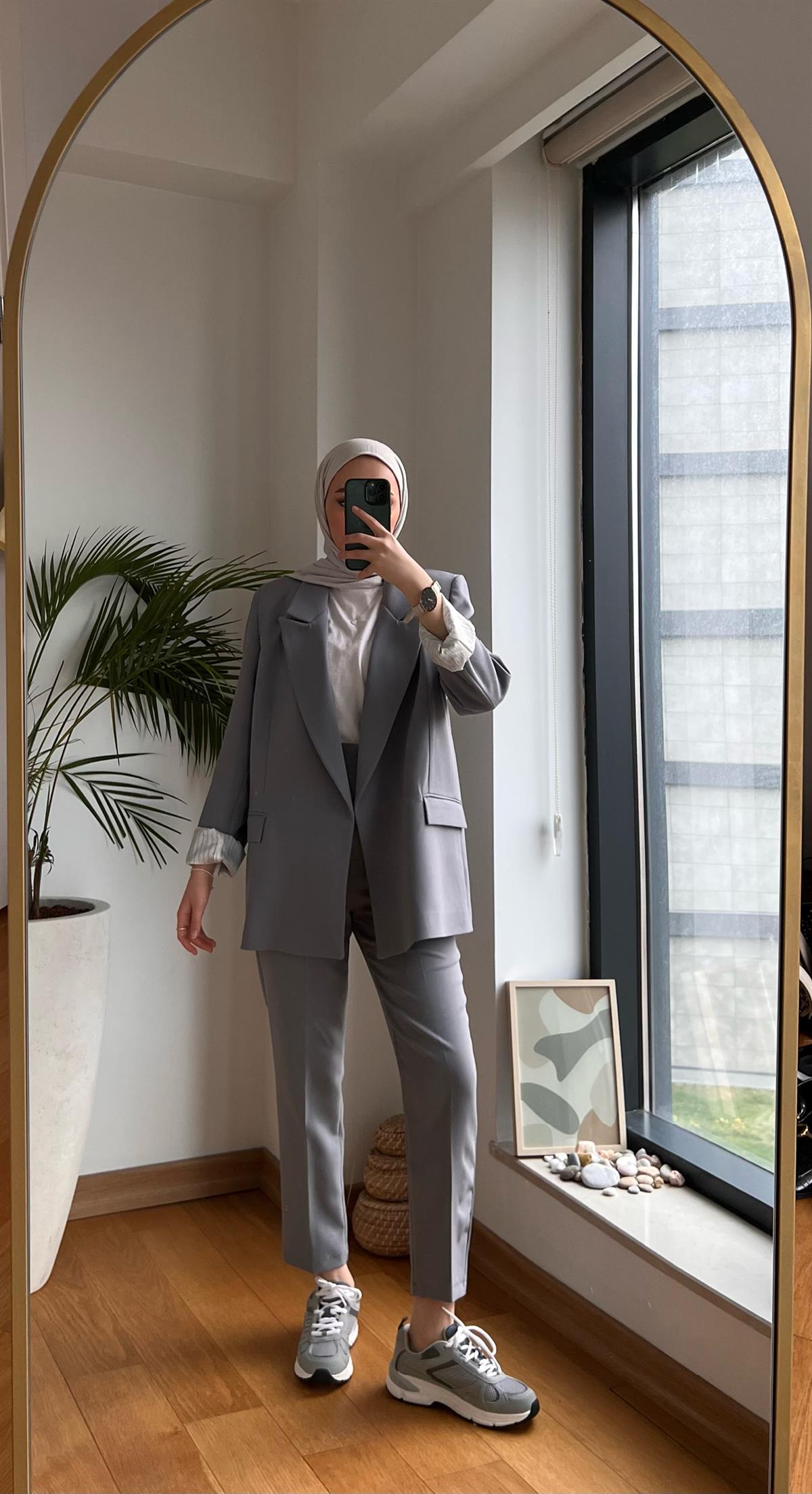 İç Astarı Çizgili Blazer Ceket Gri
