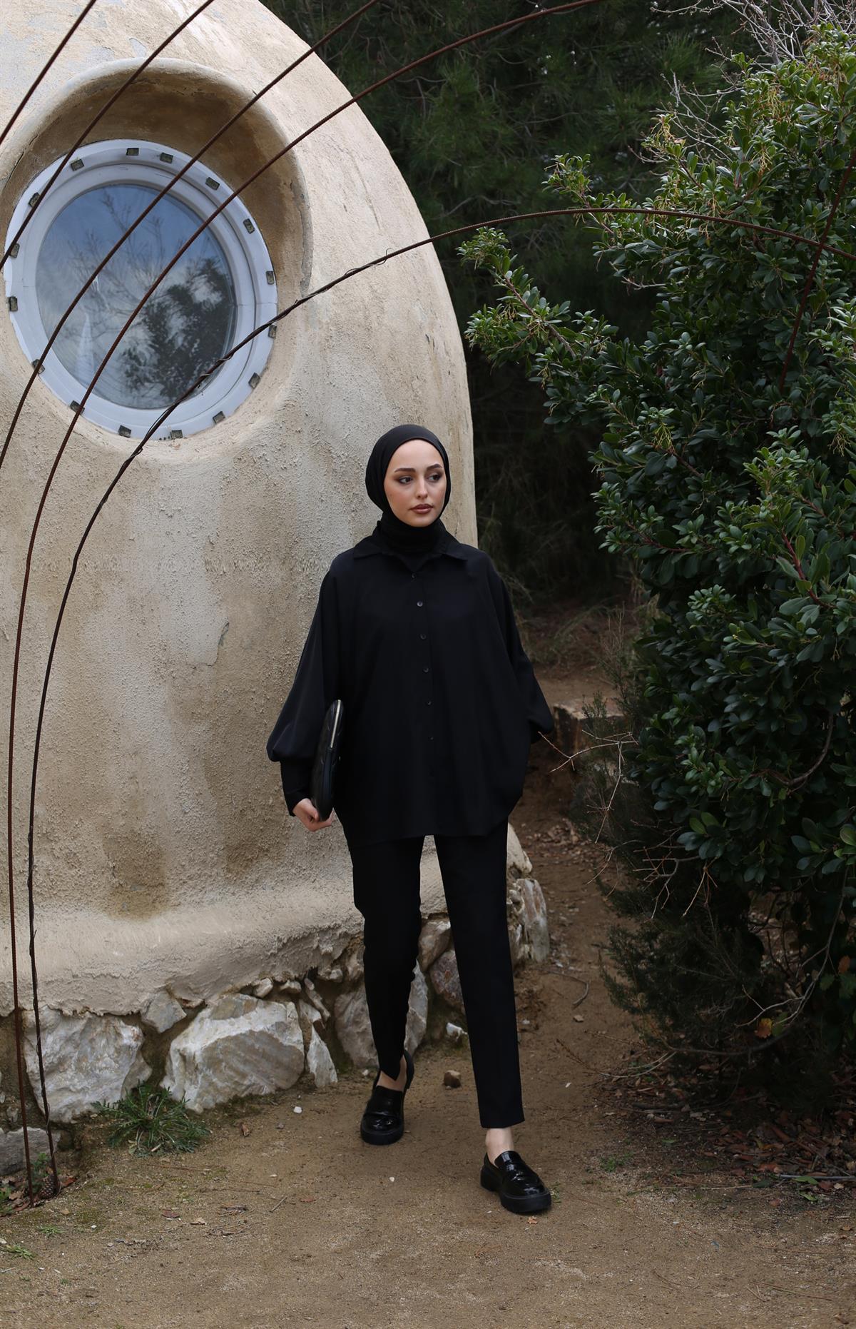 Yarasa Kol Siyah Tunik Gömlek