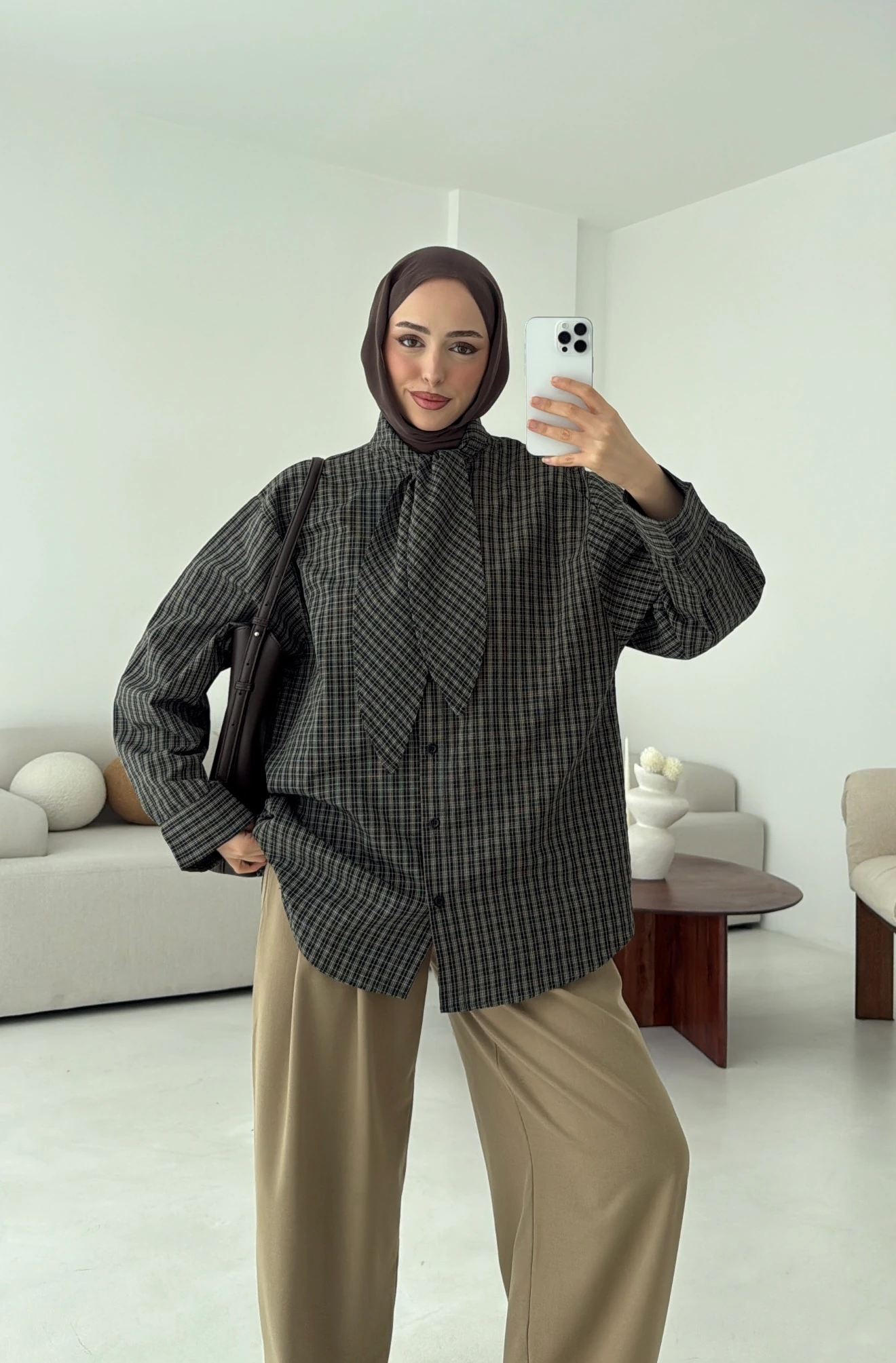 Fular Detay Ekose Gömlek Yeşil