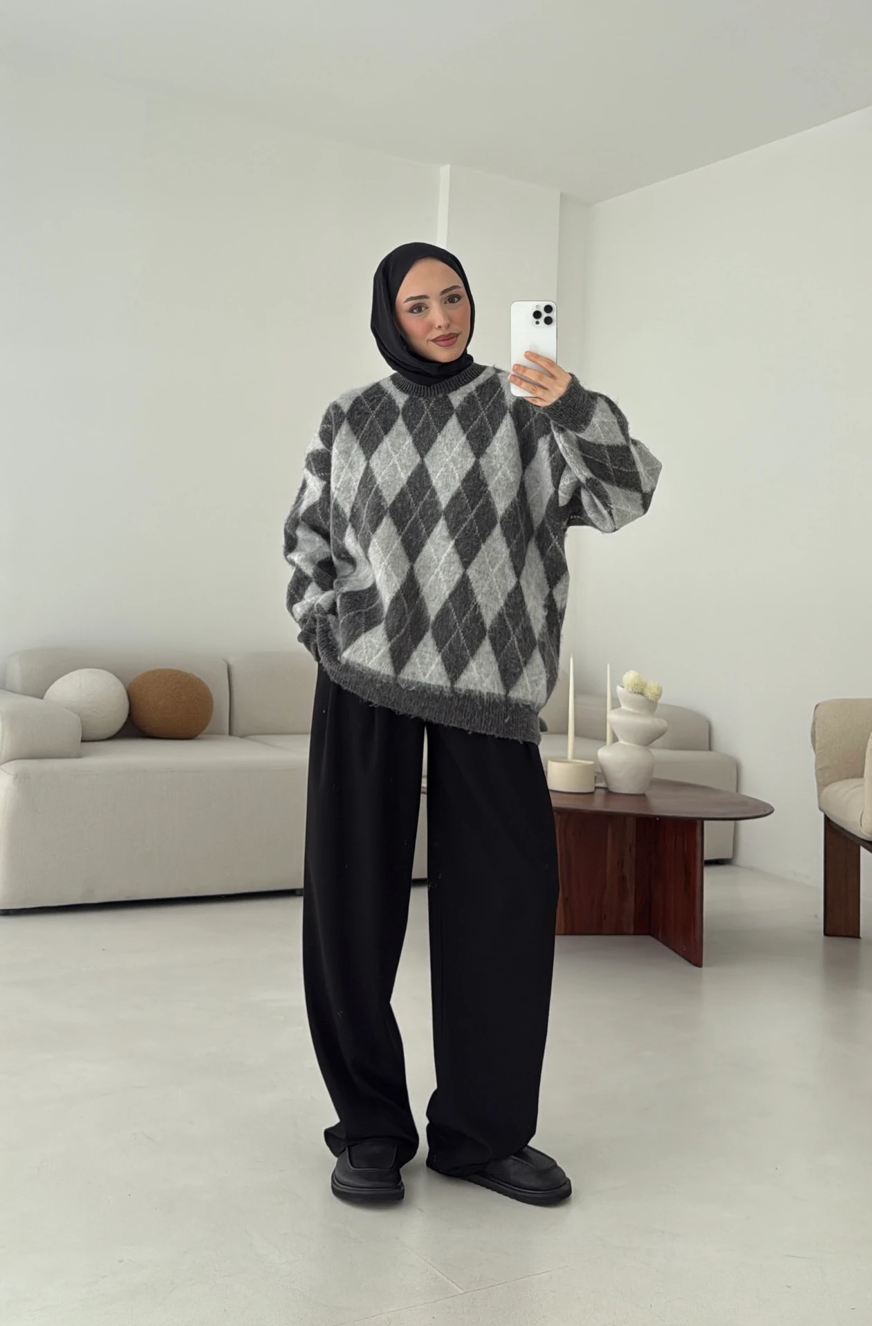 Baklava Desen Şardonlu Kazak Gri