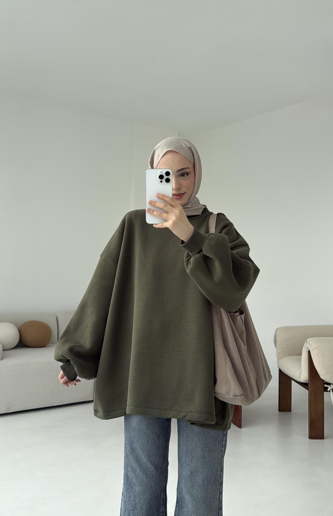Oversize Şardonlu Sweatshirt Haki