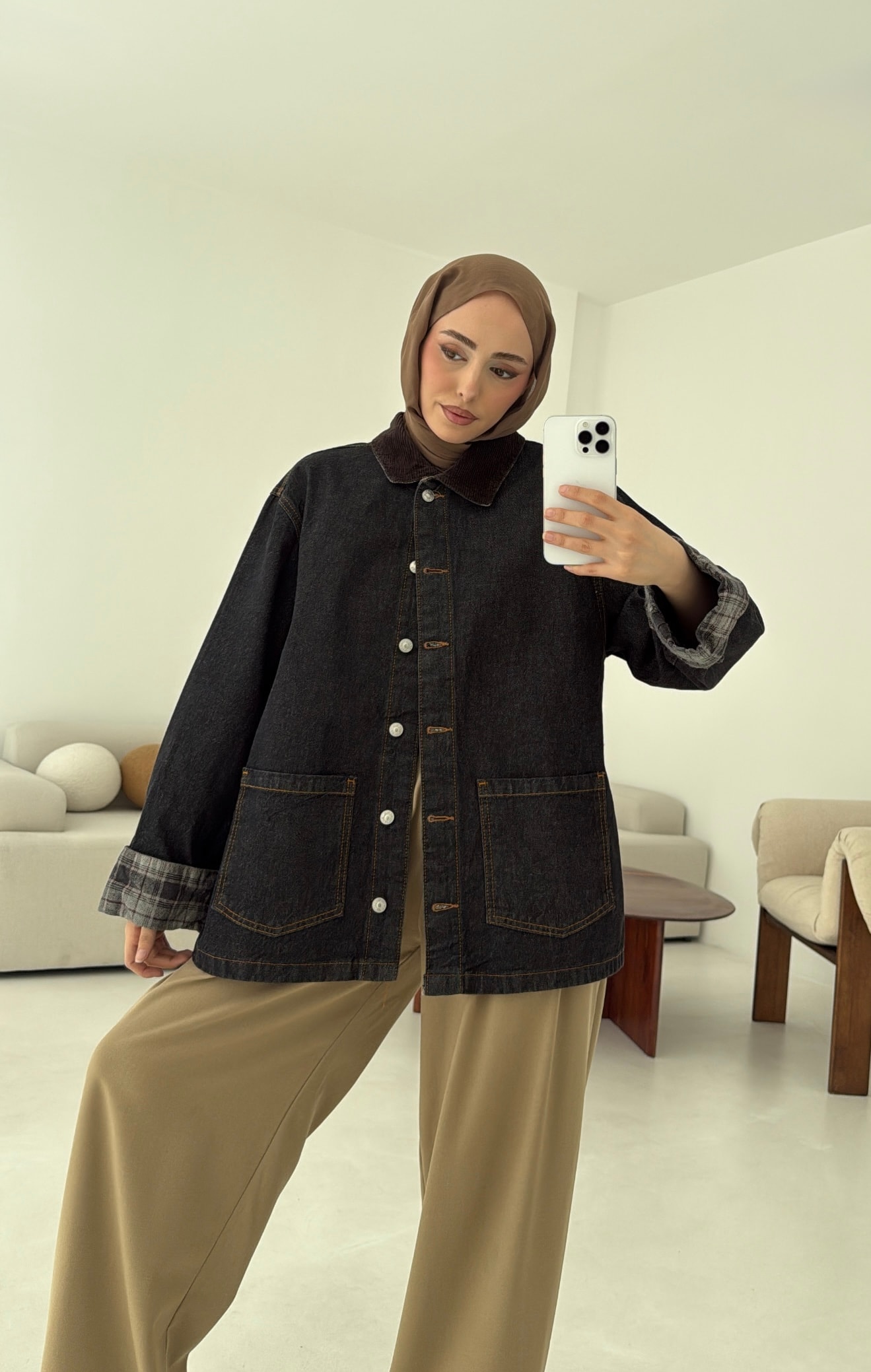 Astarı Ekose Detay Denim Ceket 