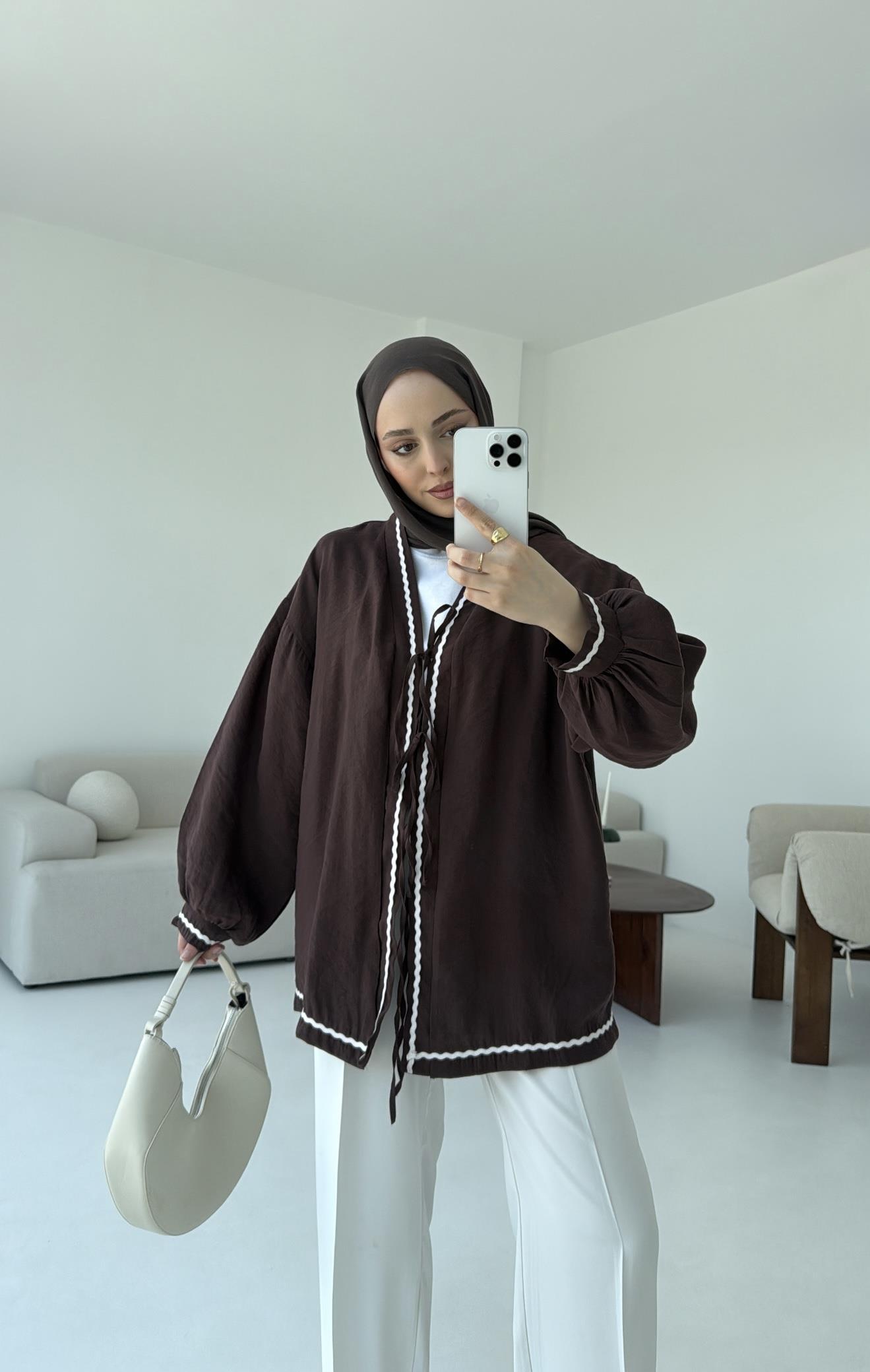 Bağlamalı Dantel Detay Kimono Kahve