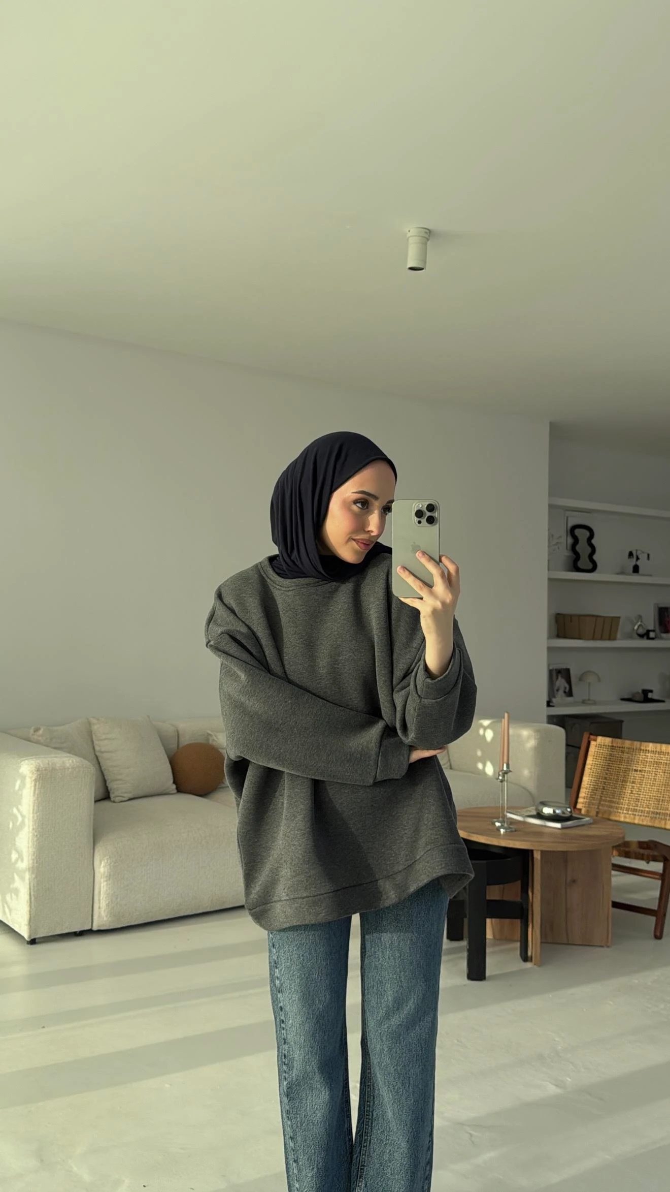 Oversize Düz Sweatshirt Koyu Gri