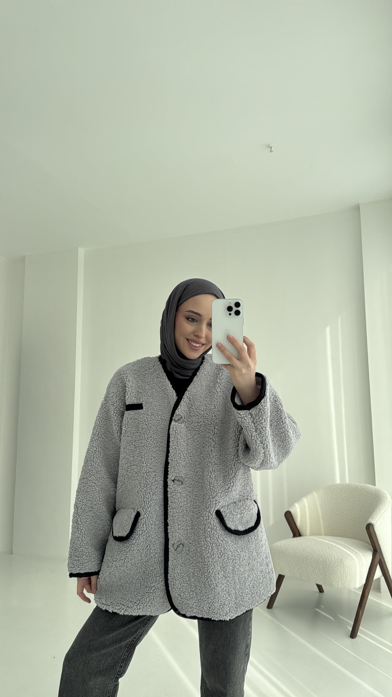 Düğmeli Oversize Teddy Ceket Gri