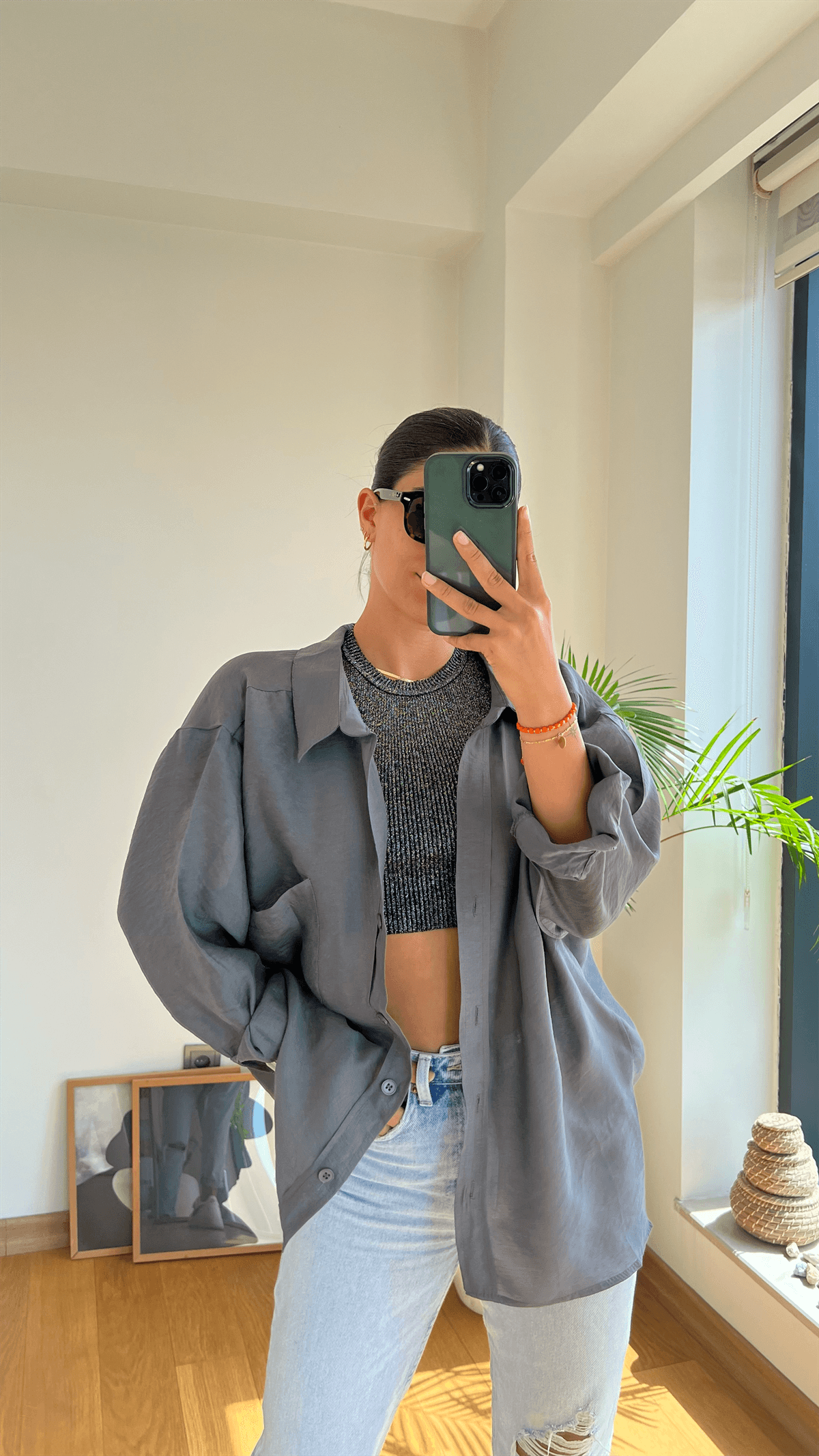 Oversize Pamuk Saten Gömlek Antrasit