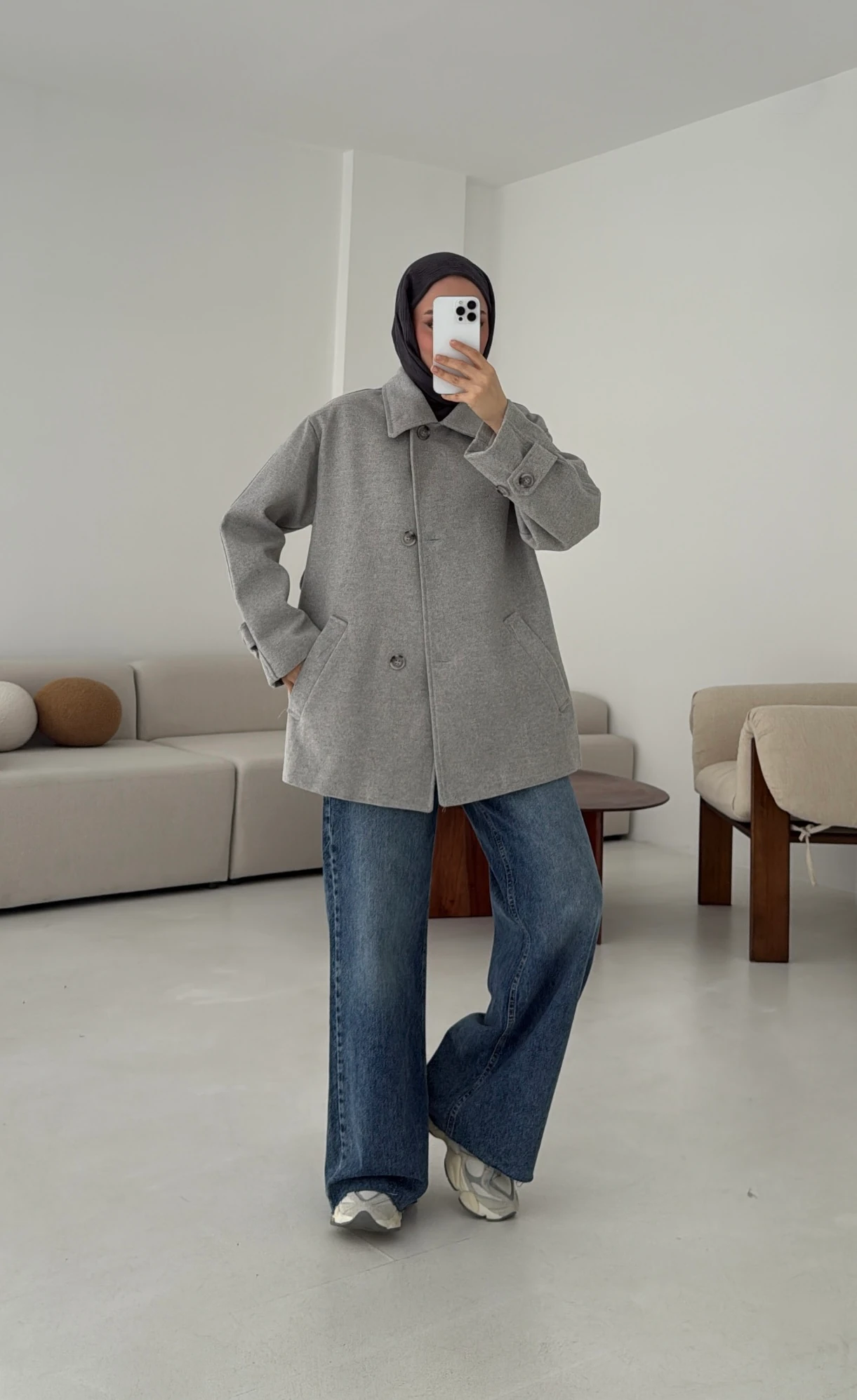 Gri Orta Boy Kaşe Kaban