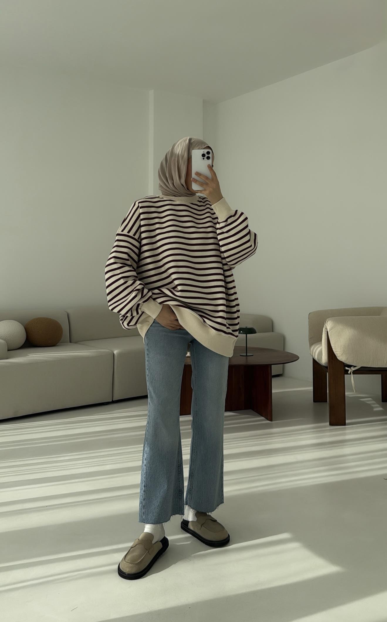 Çizgili Oversize Sweatshirt Bordo
