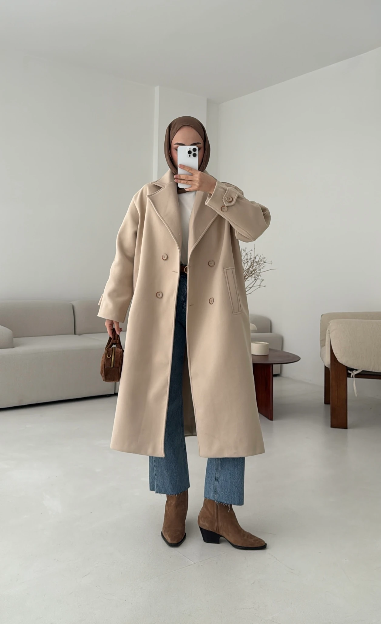  Çift Düğmeli Uzun Kaban Bej