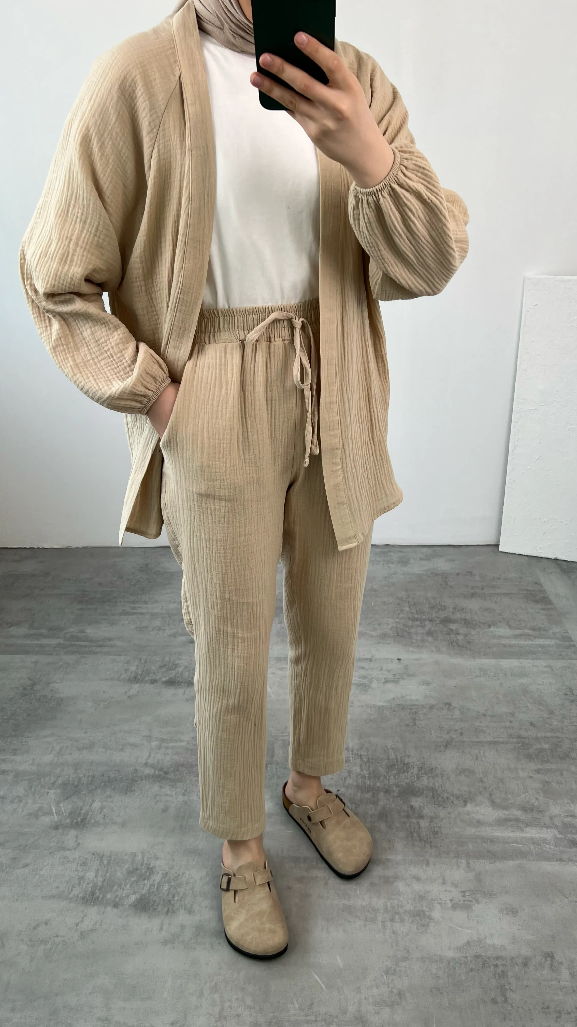 Kimonolu Bağlamalı Müslin Takım Bej