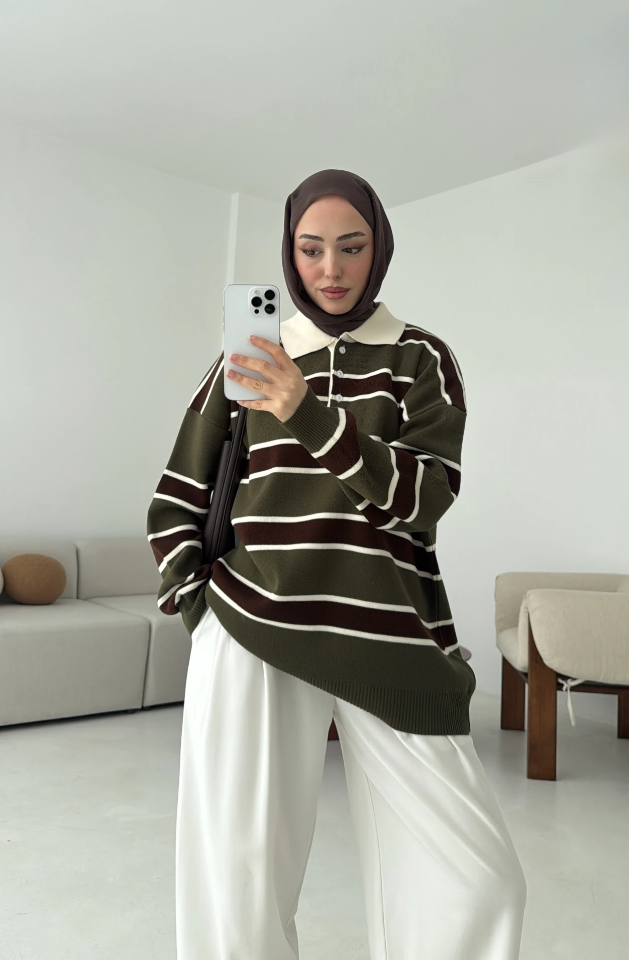 Haki Kahve Çizgili Triko Kazak
