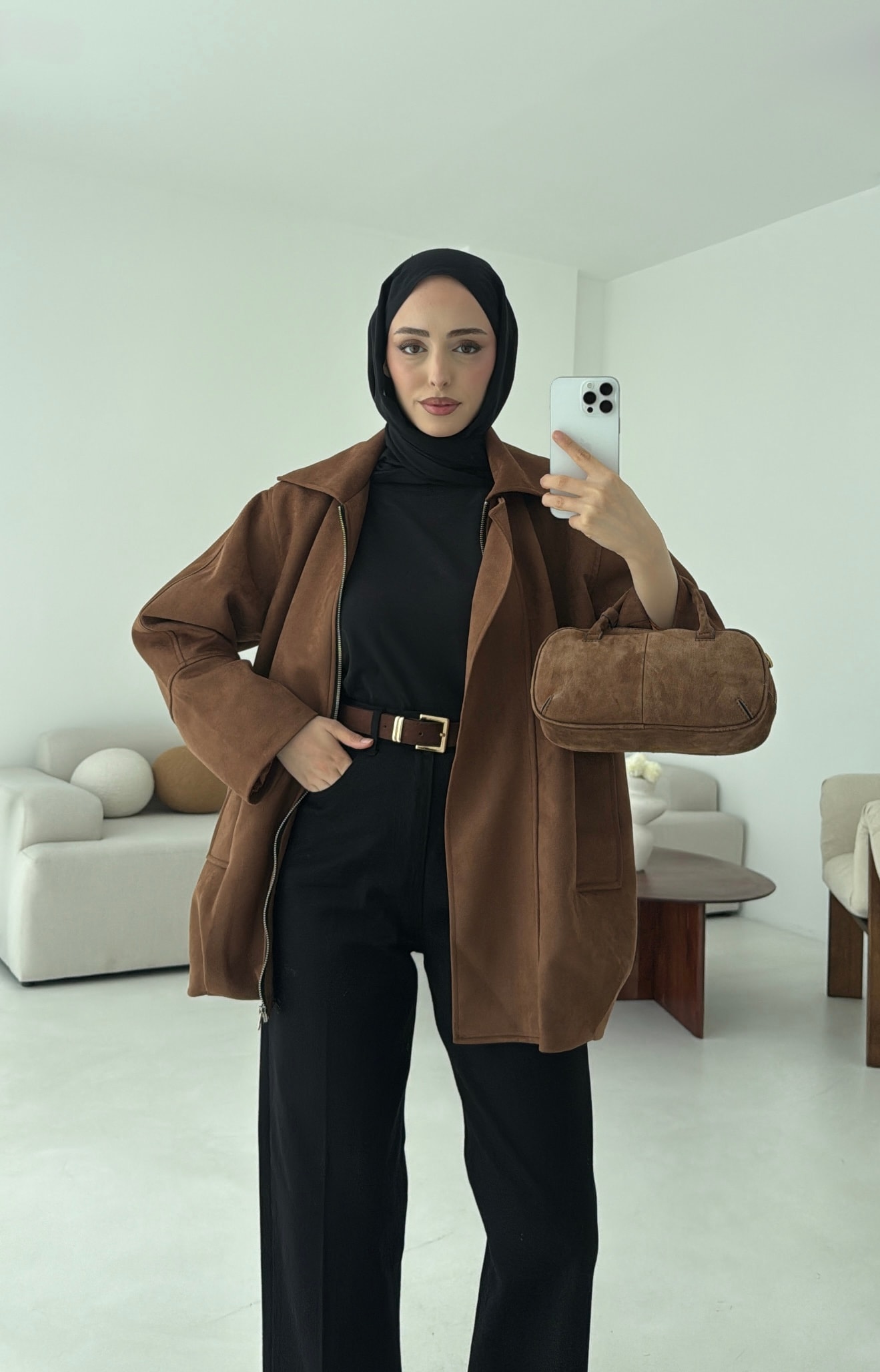 Fermuarlı Süet Ceket Taba