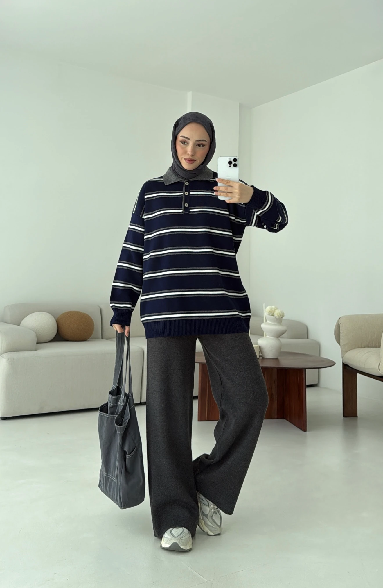 Lacivert Çizgili Polo Yaka Triko Kazak