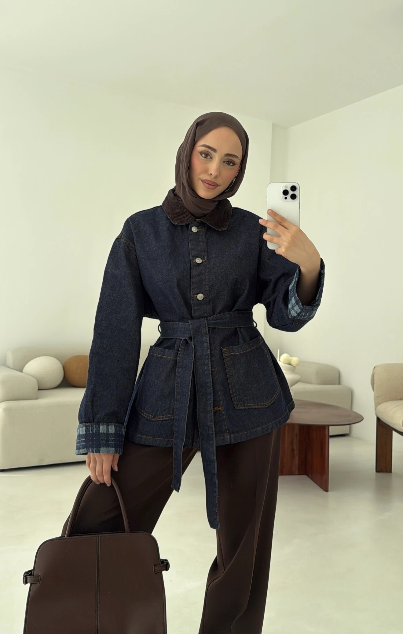 Astarı Ekose Detay Denim Ceket Mavi