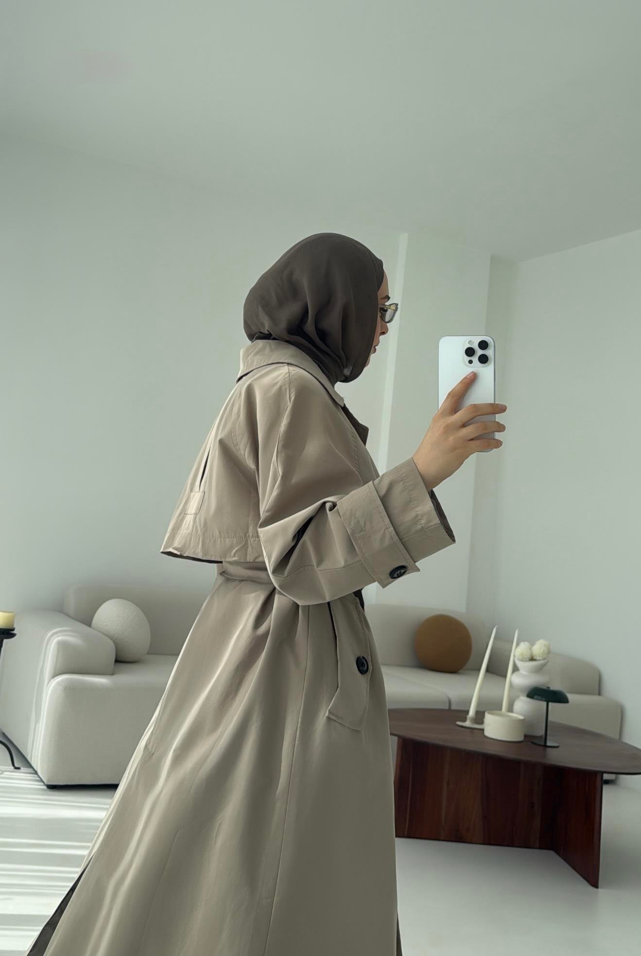 Kuşaklı Premium Trençkot Vizon