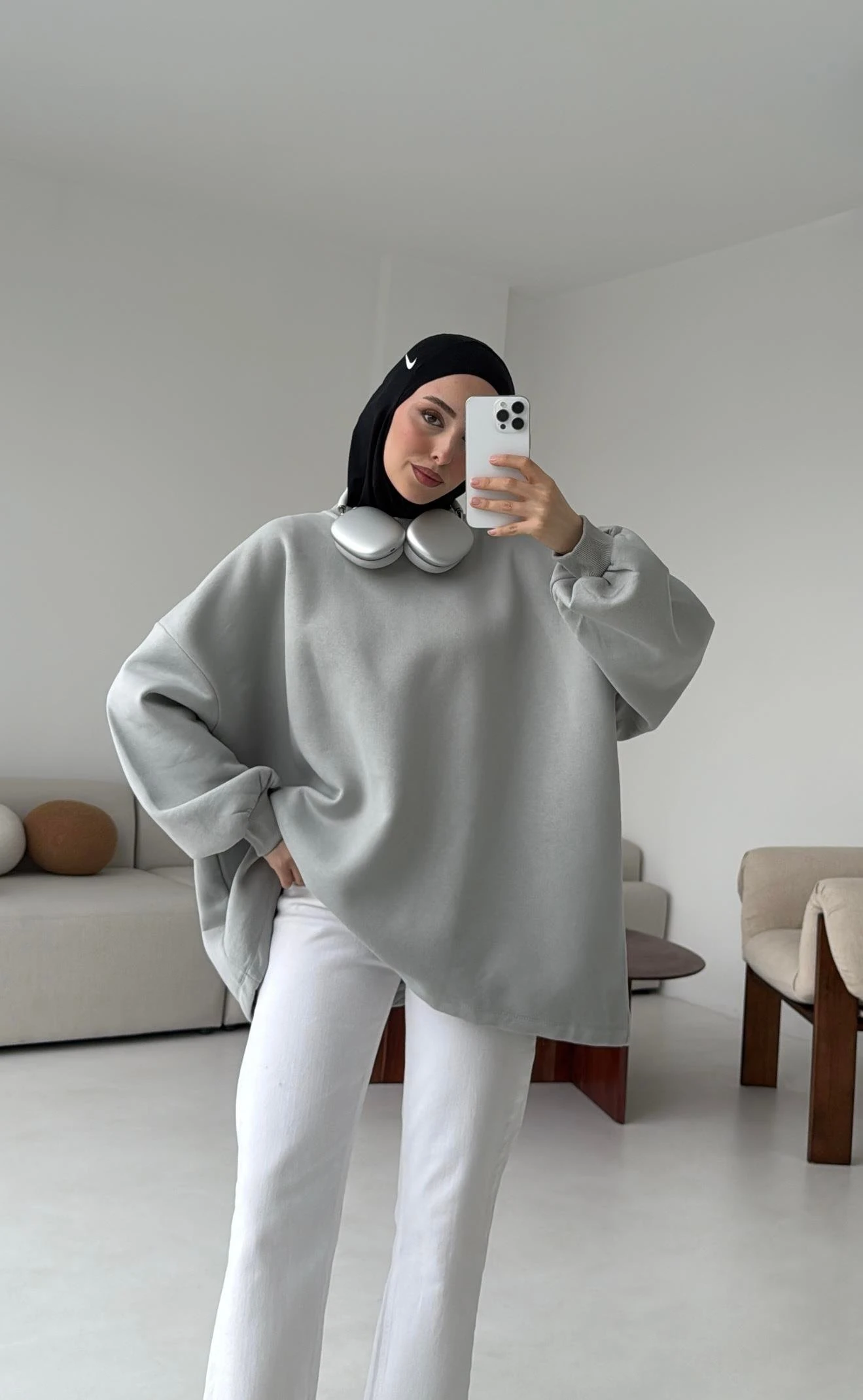 Oversize Şardonlu Sweatshirt Gri