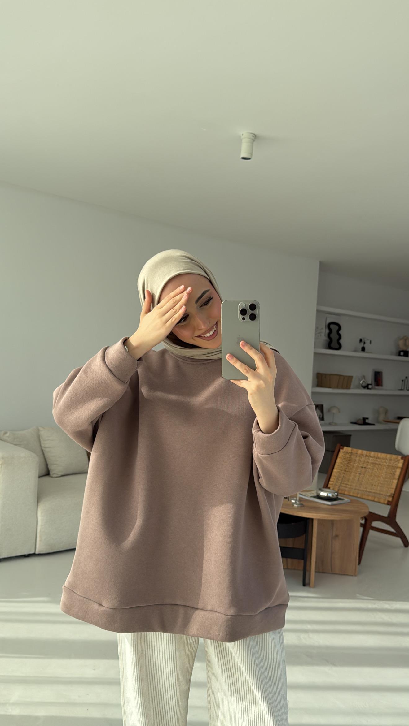 Oversize Düz Sweatshirt Vizon