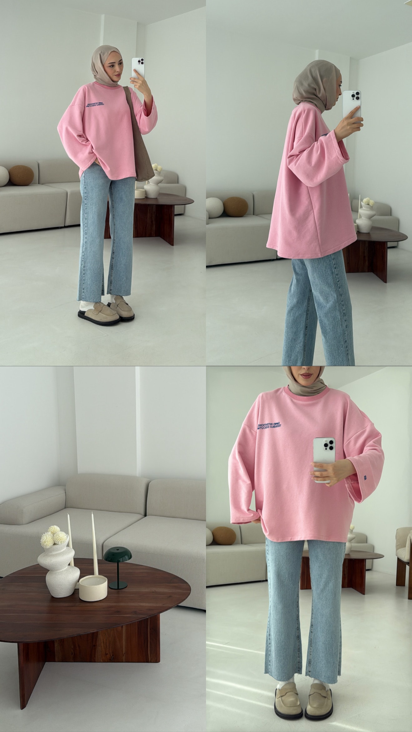 Nakışlı Oversize Sweatshirt Pembe