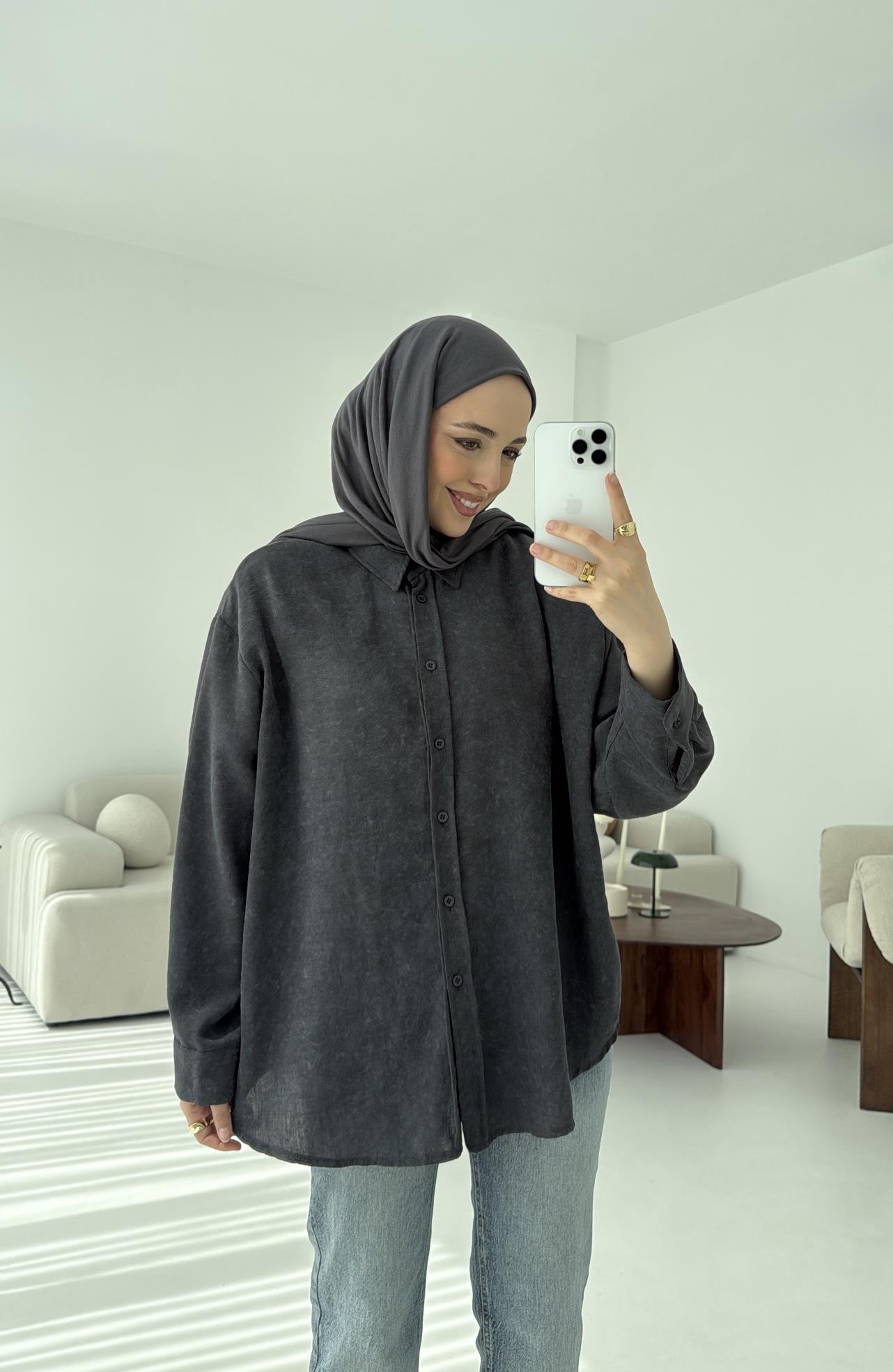 Batik Bambu Keten Gömlek Antrasit