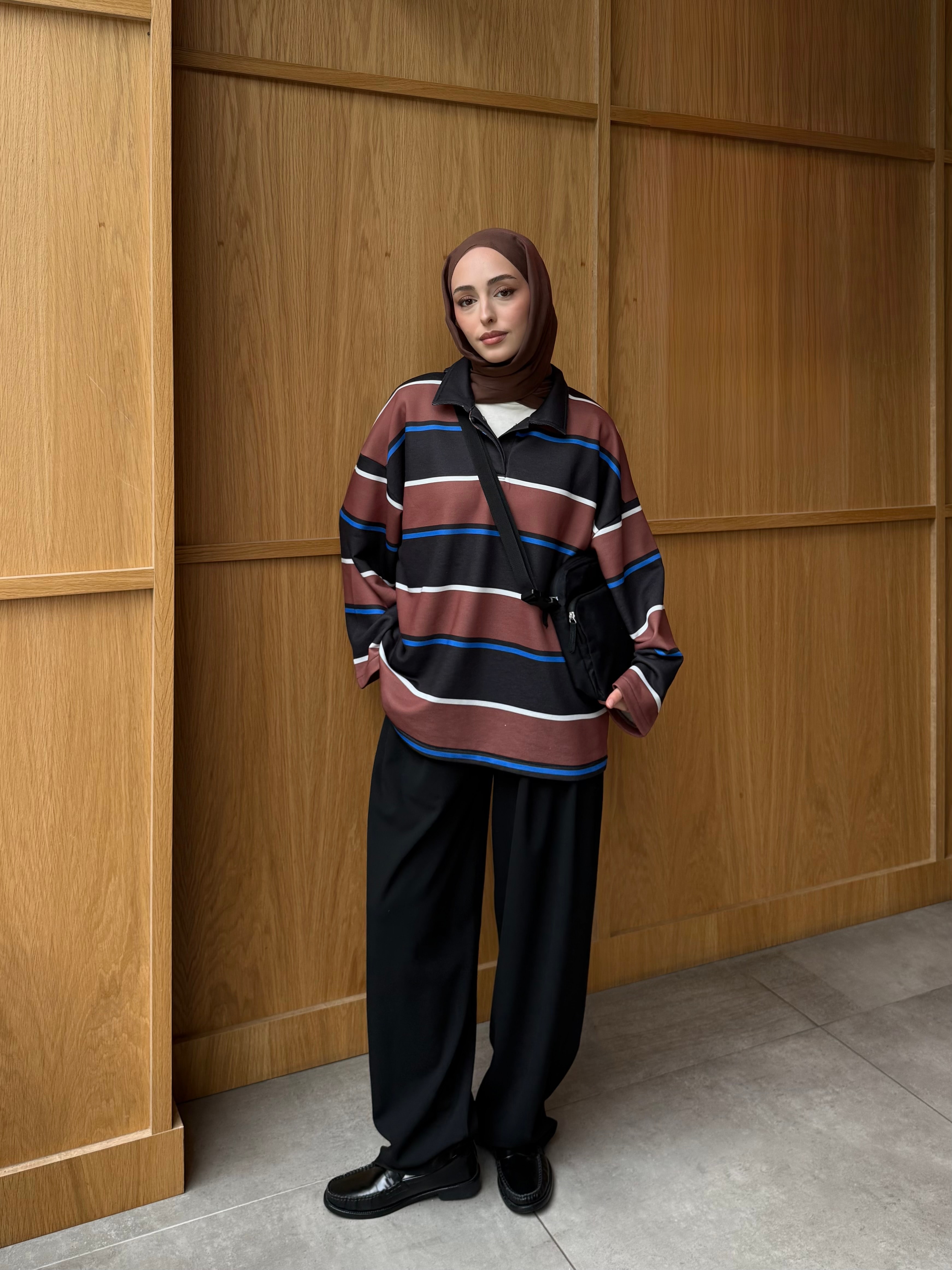 Fleece Polo Yaka Sweatshirt Kahve