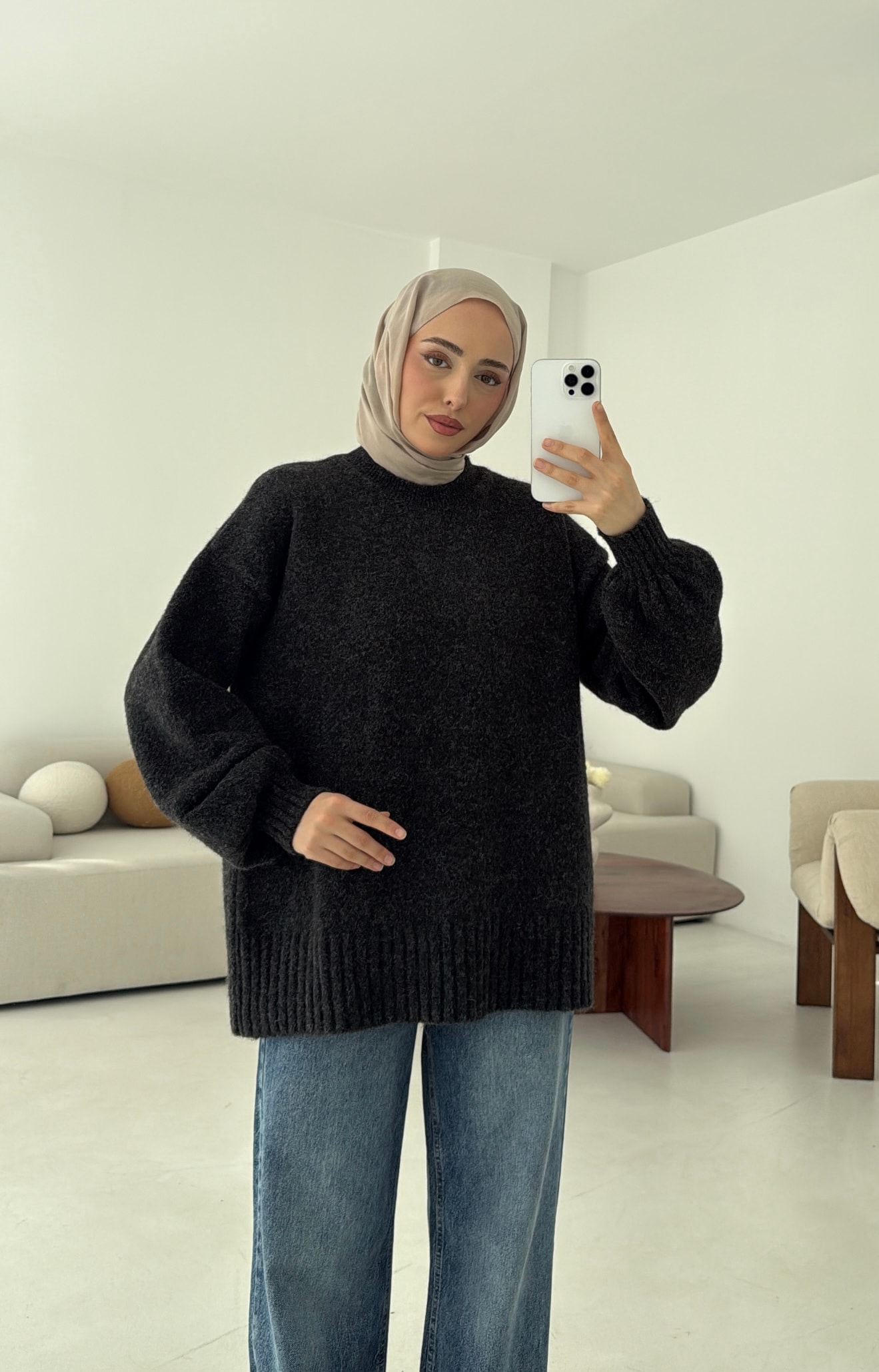 Balon Kol Yumuşak Kazak Koyu Gri